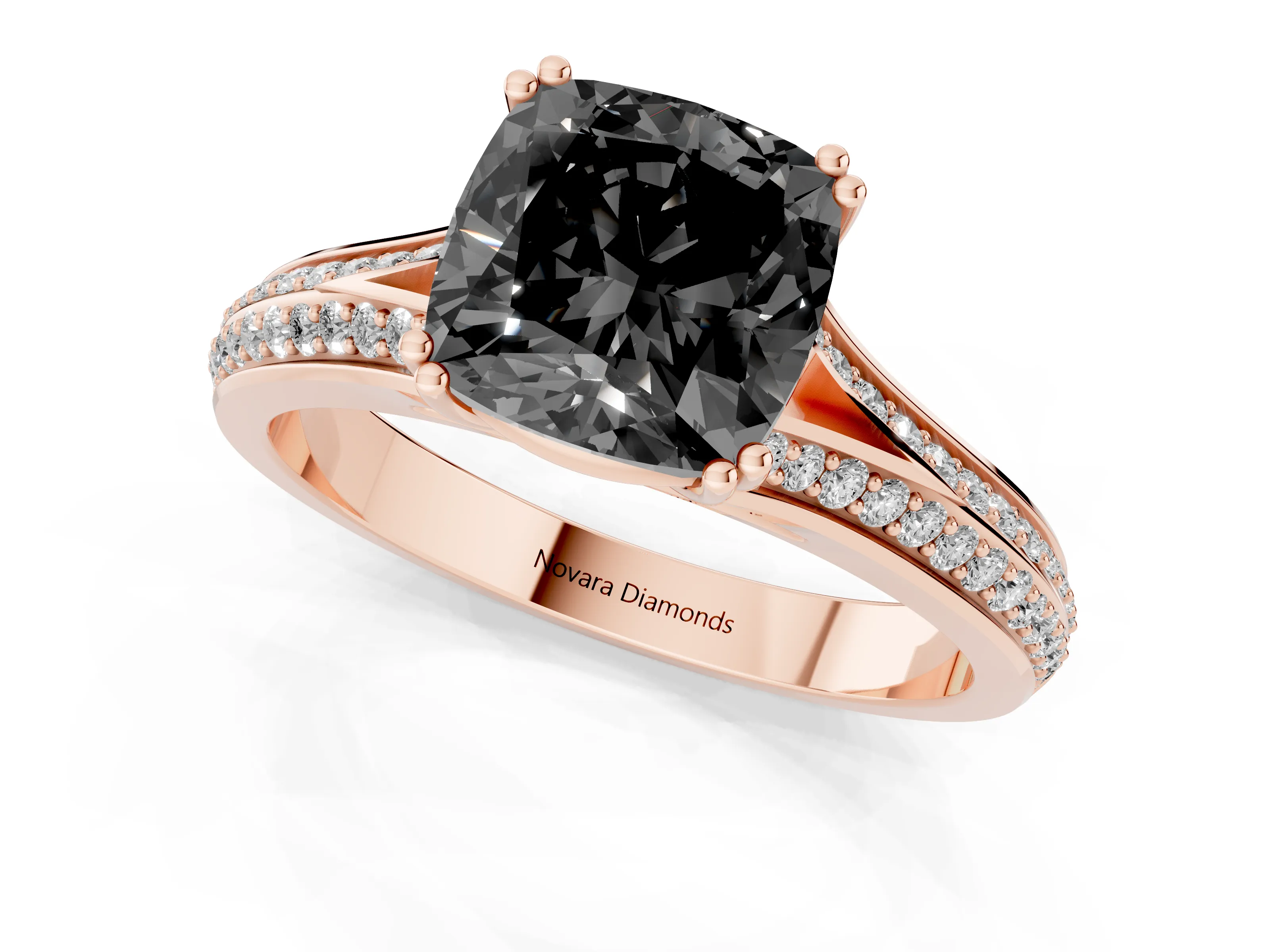 Fancy Black Cushion Cut Diamond Split Shank Pavé Engagement Ring Set in Rose gold with Prong-Set Center Stone