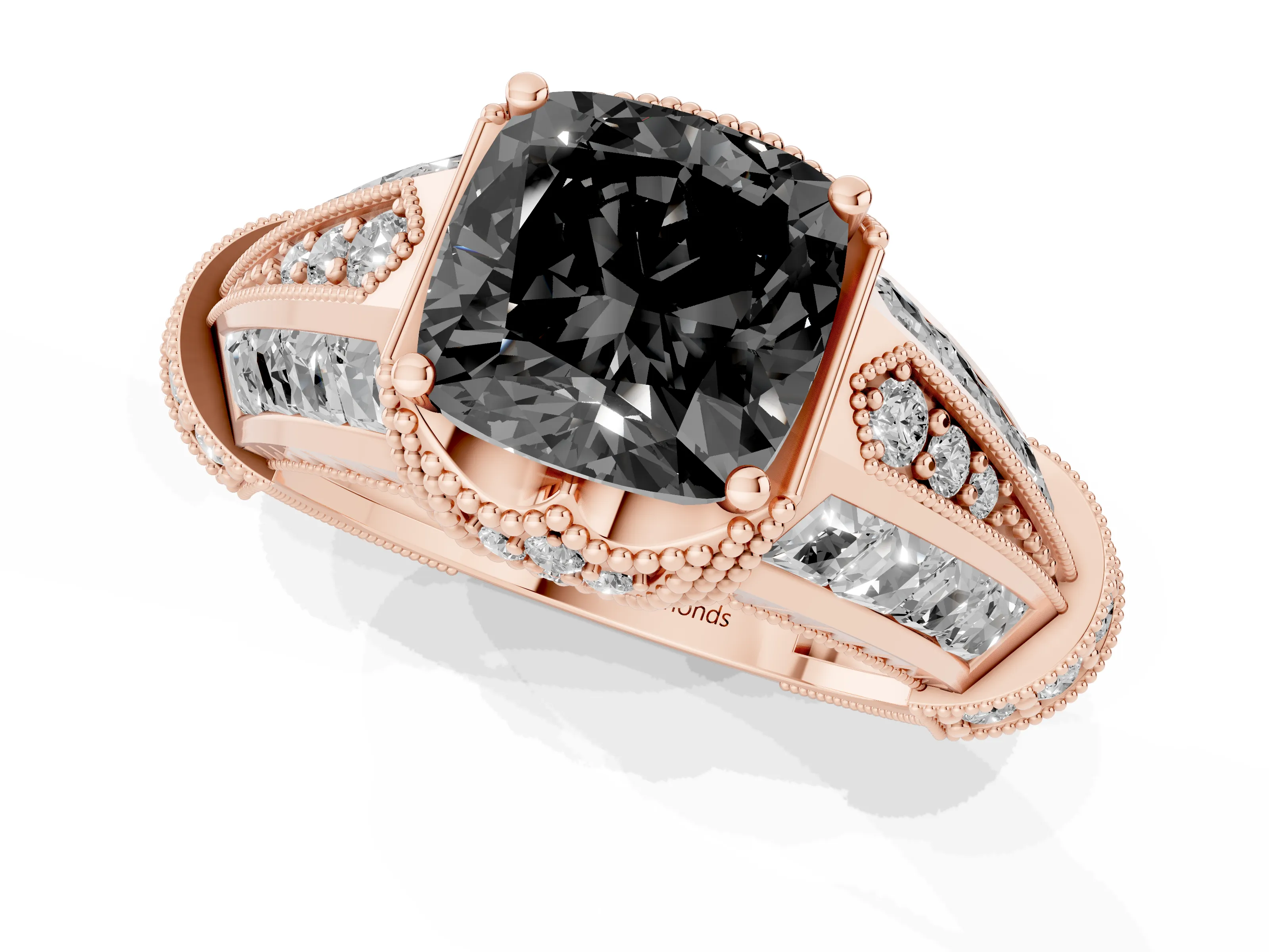 Fancy Black Cushion Cut Diamond Vintage-Inspired Milgrain Ring Set in Rose gold with Accent Split Shank