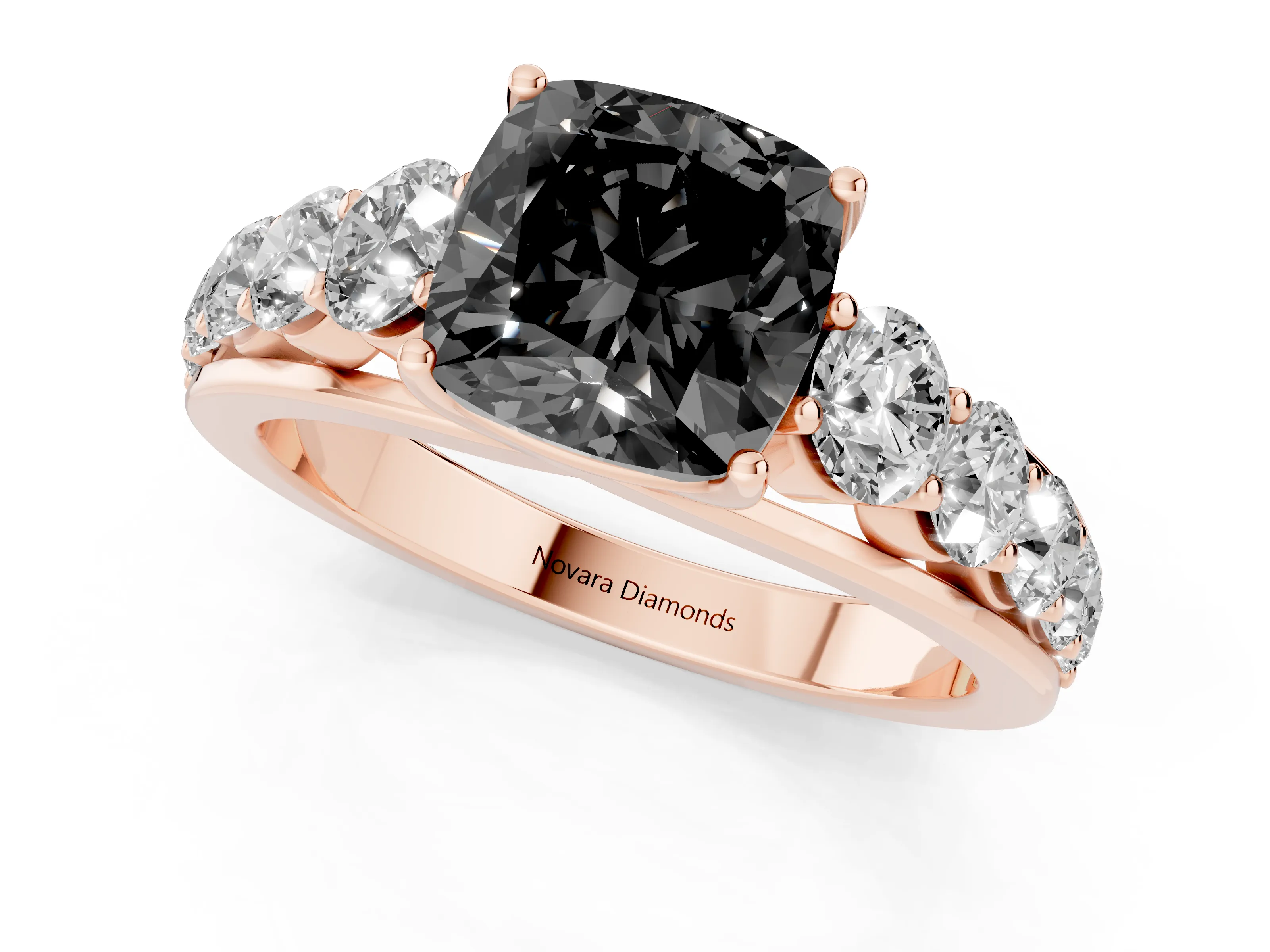 Fancy Black Cushion Cut Diamond Solitaire Ring Set in Rose gold with Pavé-Set Band and Prong Setting