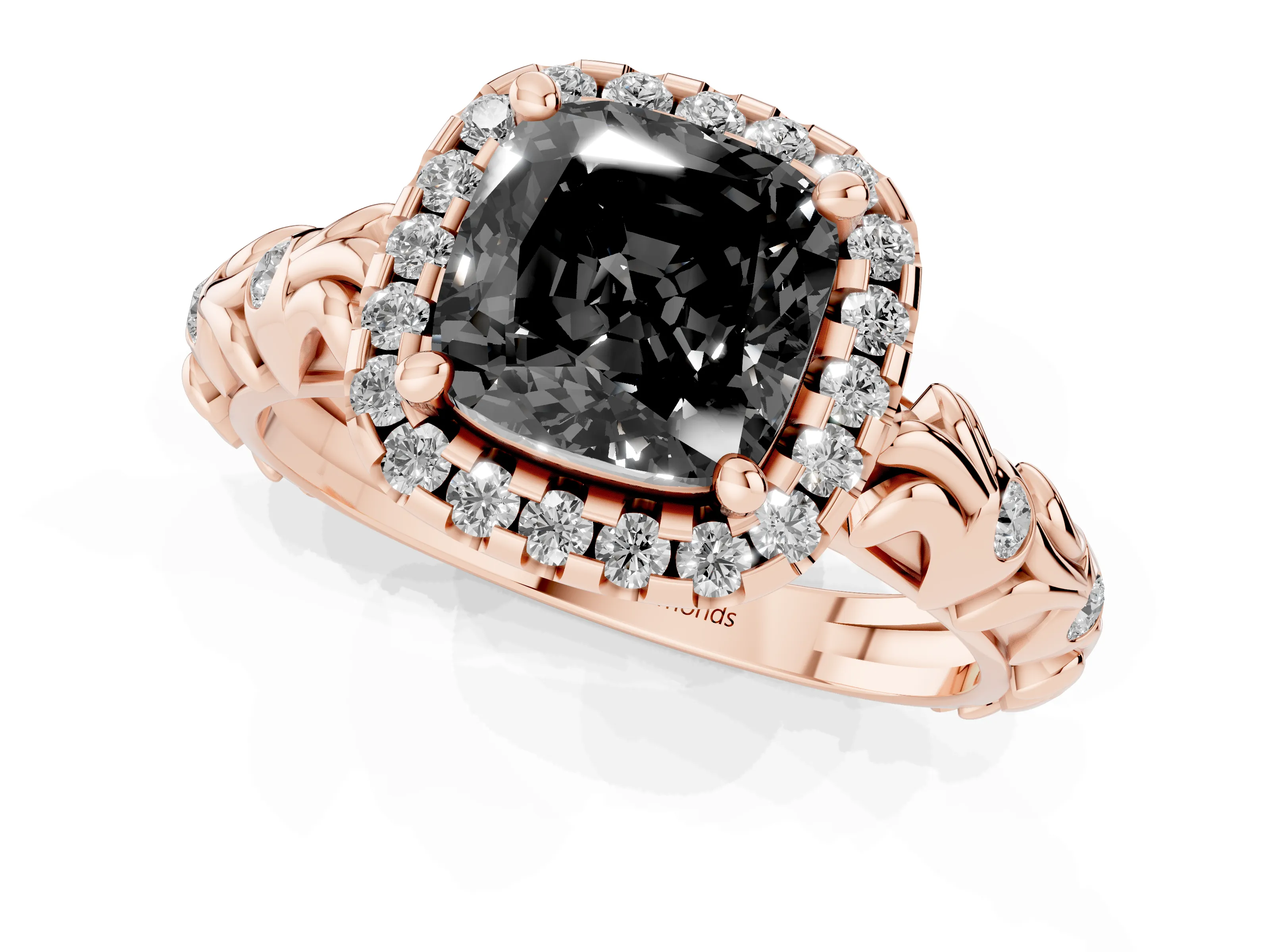 Fancy Black Cushion Cut Diamond Halo Ring Set in Rose gold with Filigree Leaf Band and Prong Setting
