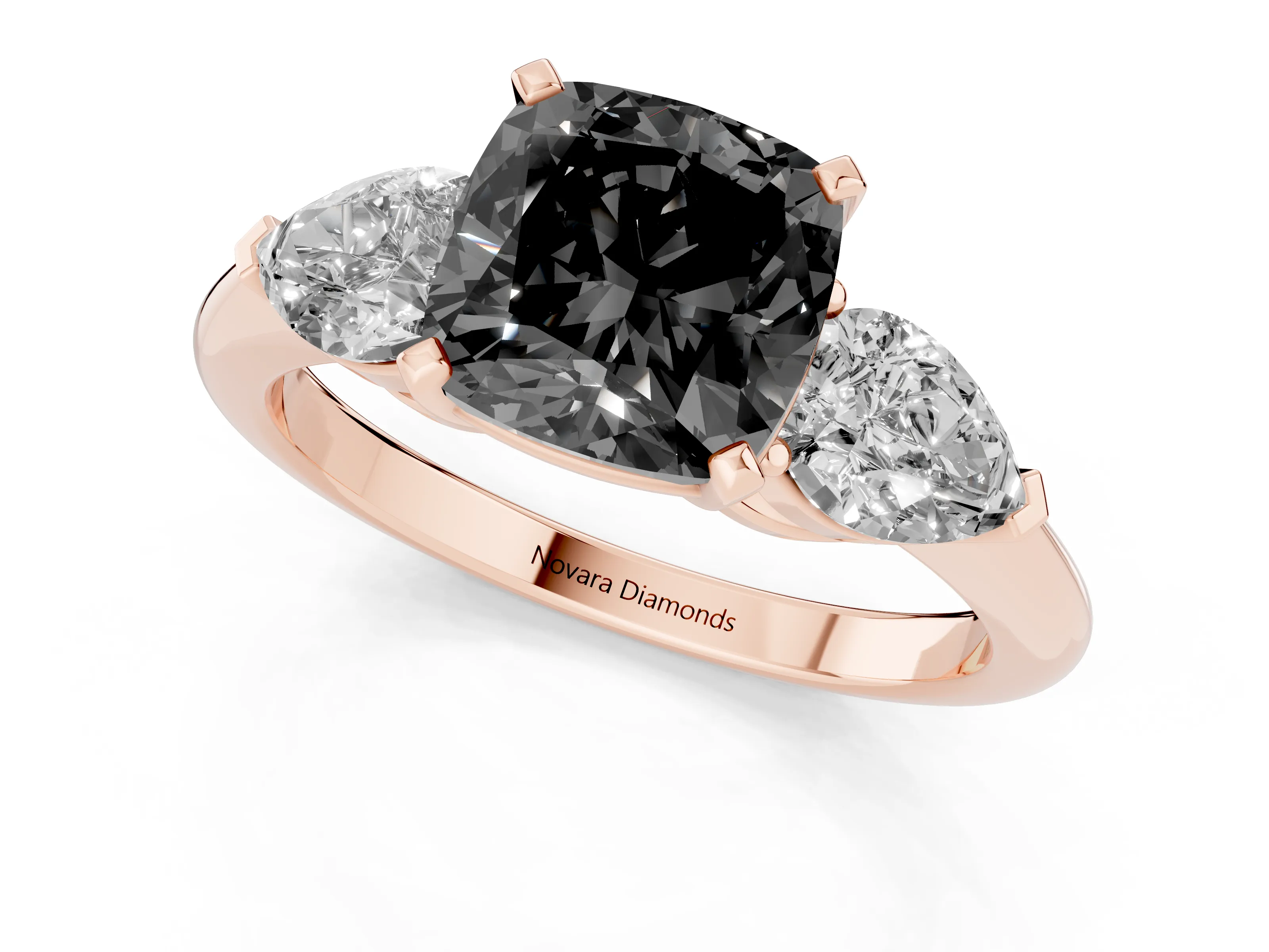 Fancy Black Three-Stone Cushion Cut Diamond Ring Set in Rose gold with Pear Side Stones and Prong Setting