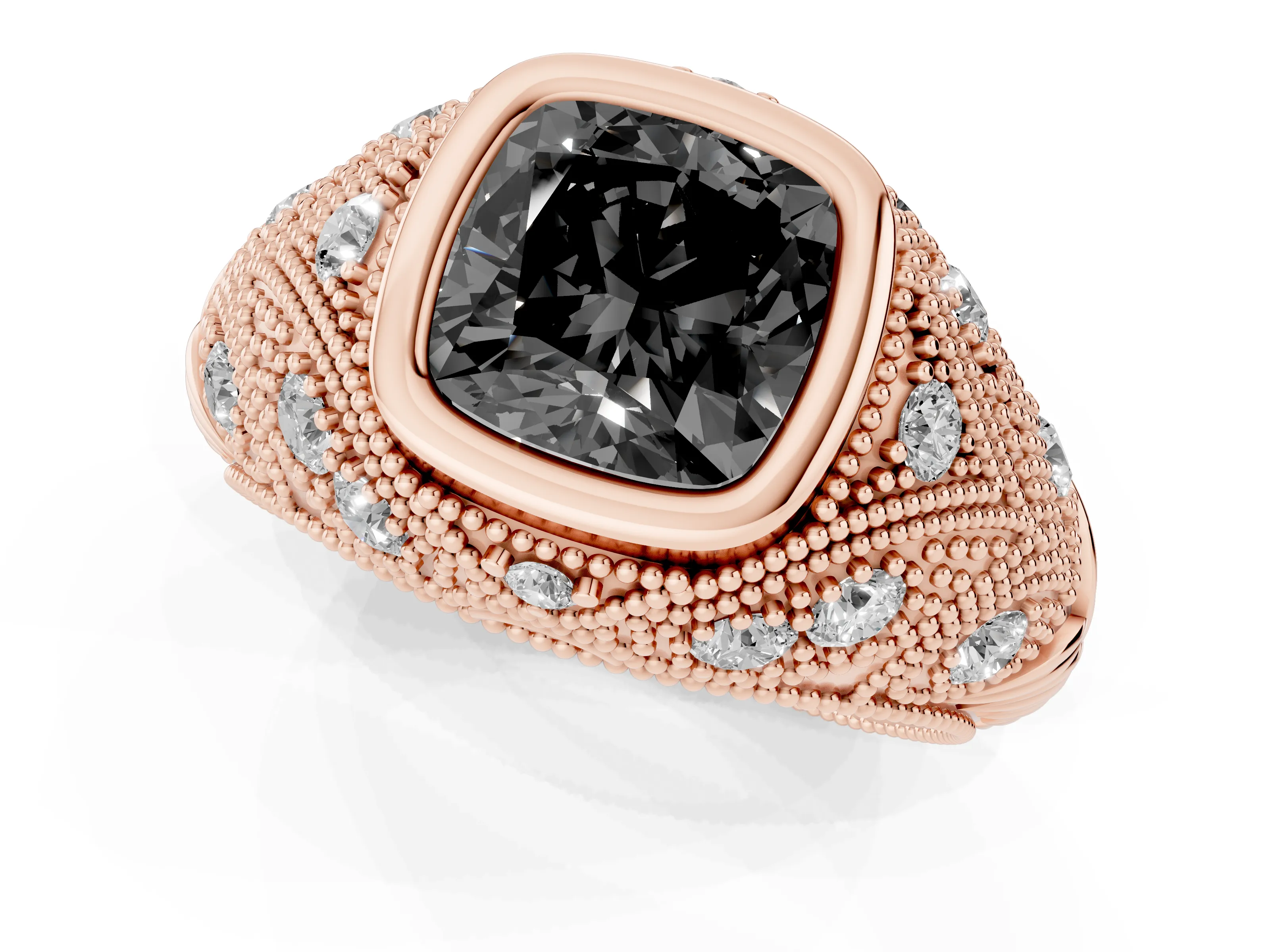 Fancy Black Cushion Cut Diamond Bezel Ring Set in Rose gold with Milgrain Accent Band