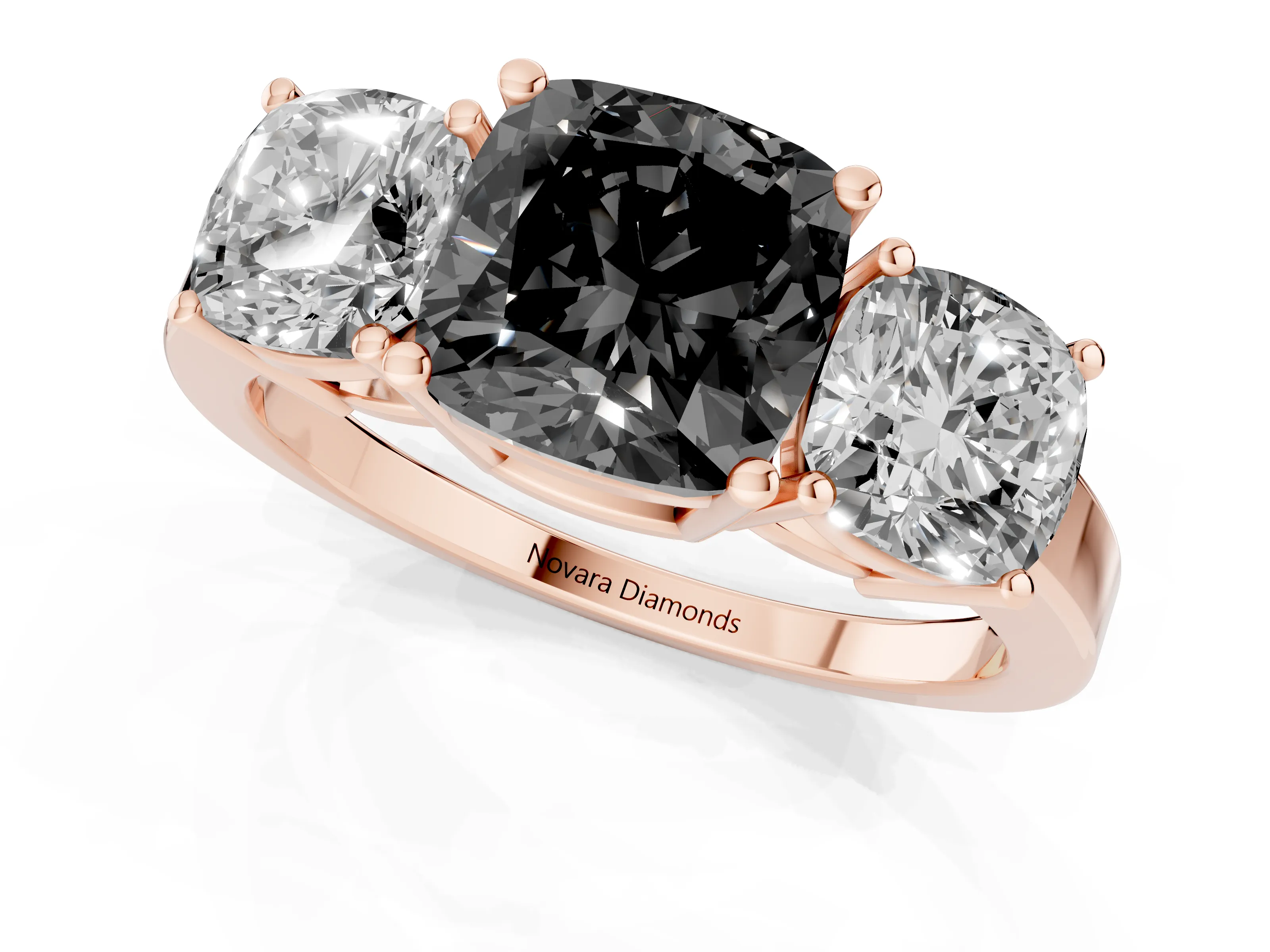 Fancy Black Cushion Cut Diamond Three-Stone Engagement Ring Set in Rose gold with Flat Band