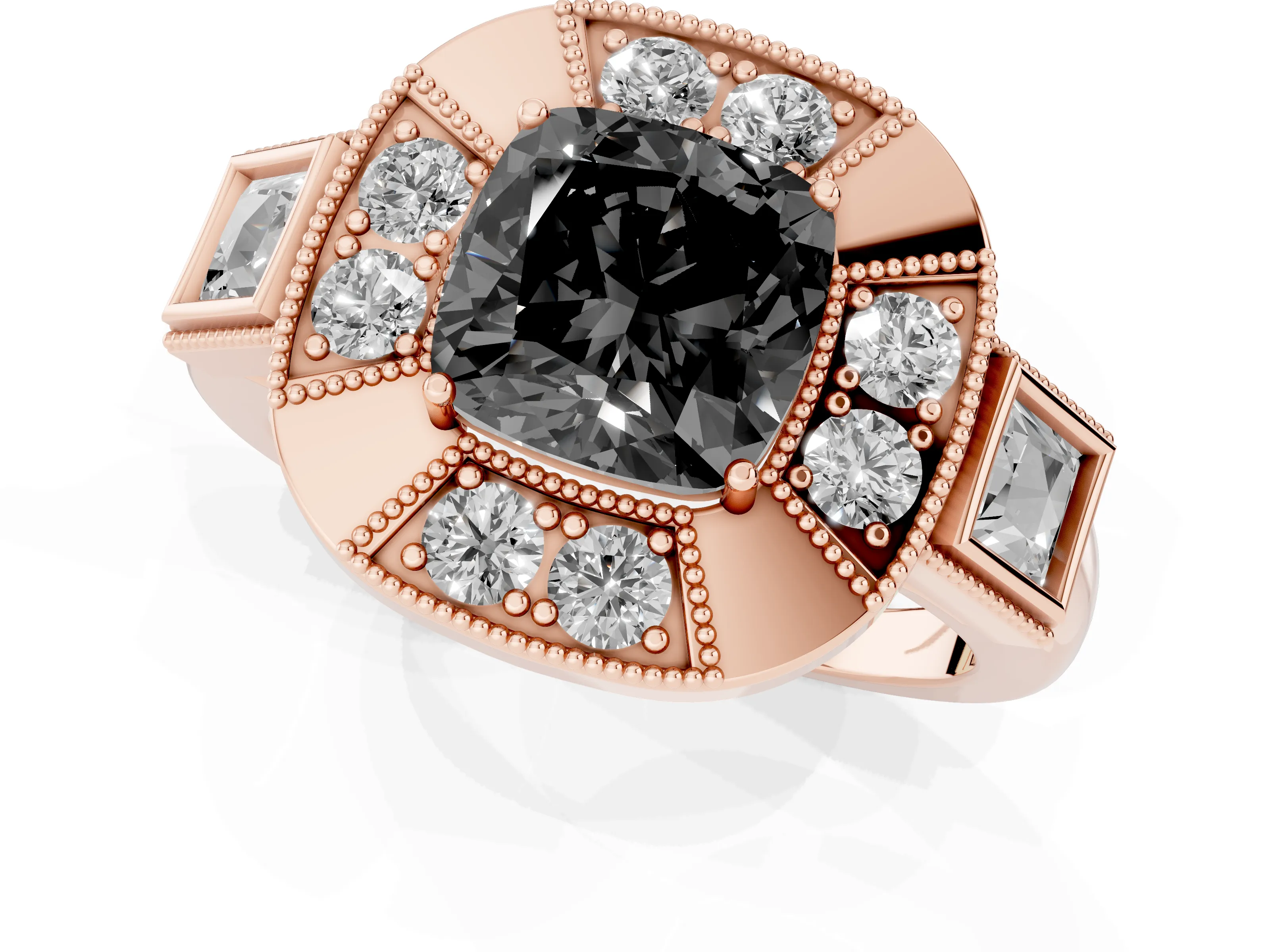 Fancy Black Cushion Cut Diamond Milgrain Halo Ring Set in Rose gold with Split Shank