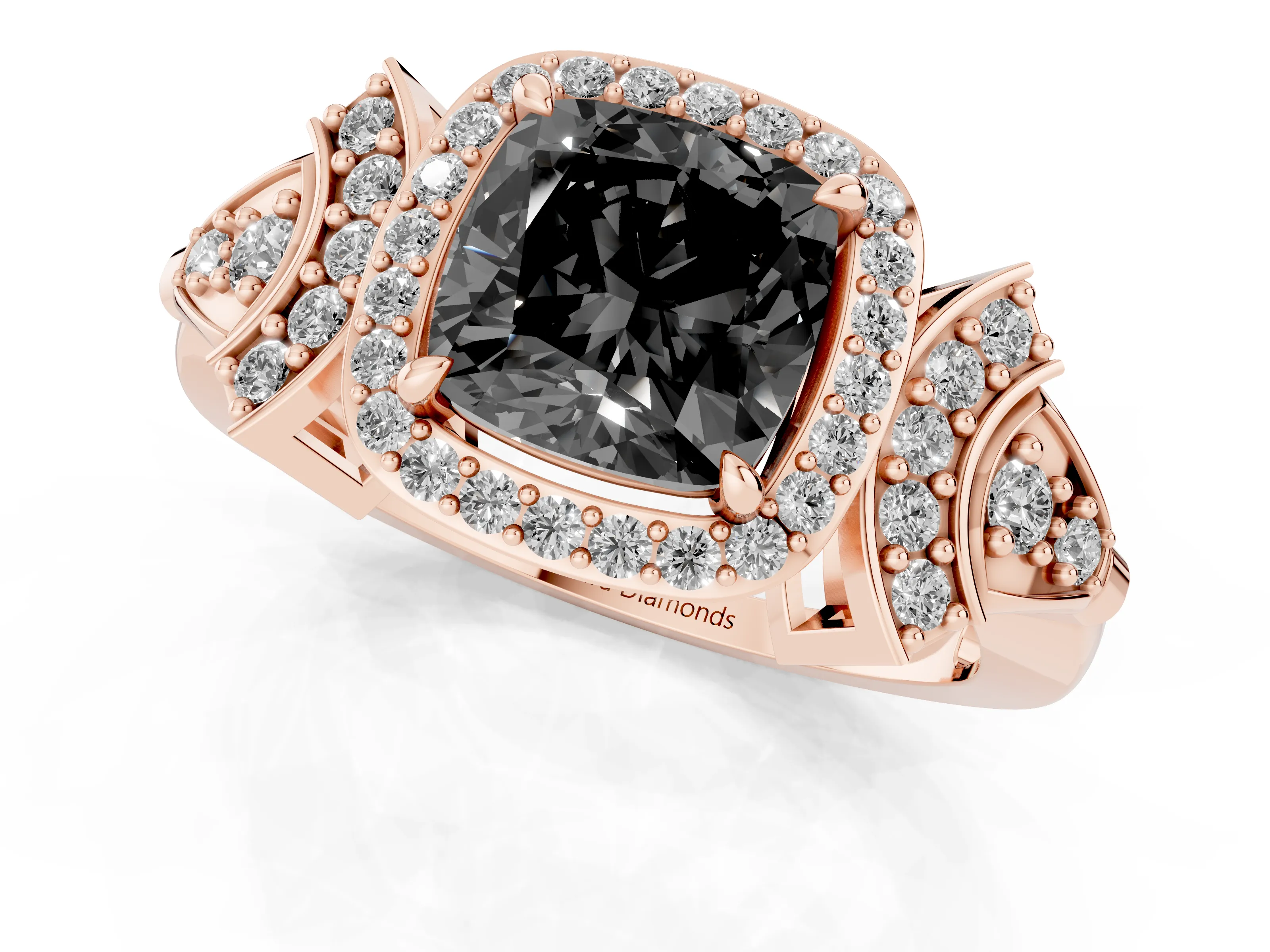 Fancy Black Cushion Cut Diamond Halo Engagement Ring Set in Rose gold with Accent Stone Split Shank