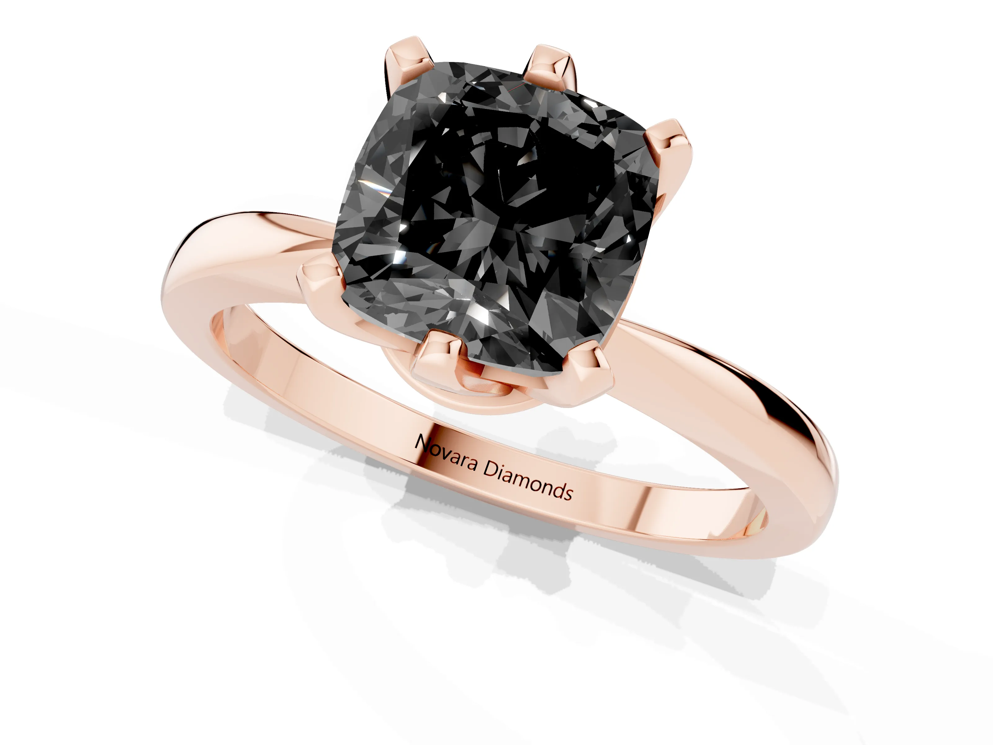 Fancy Black Cushion Cut Diamond Solitaire Engagement Ring Set in Rose gold with Slim Tapered Solitaire Band
