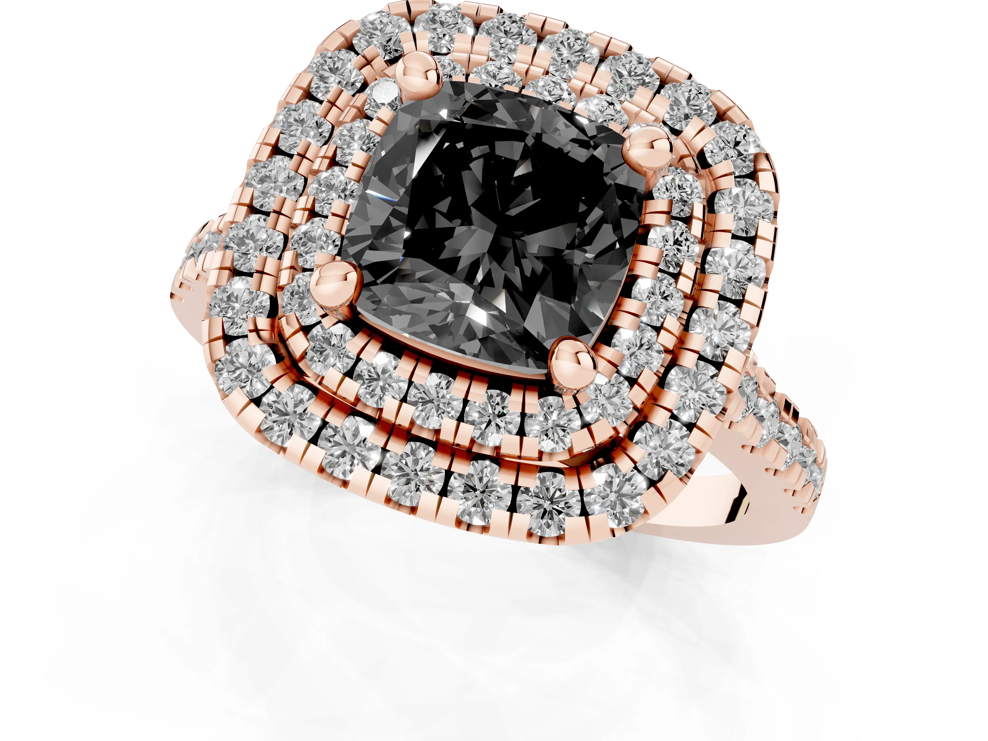 Fancy Black Cushion Cut Diamond Double Halo Statement Ring Set in Rose gold with Pavé Band