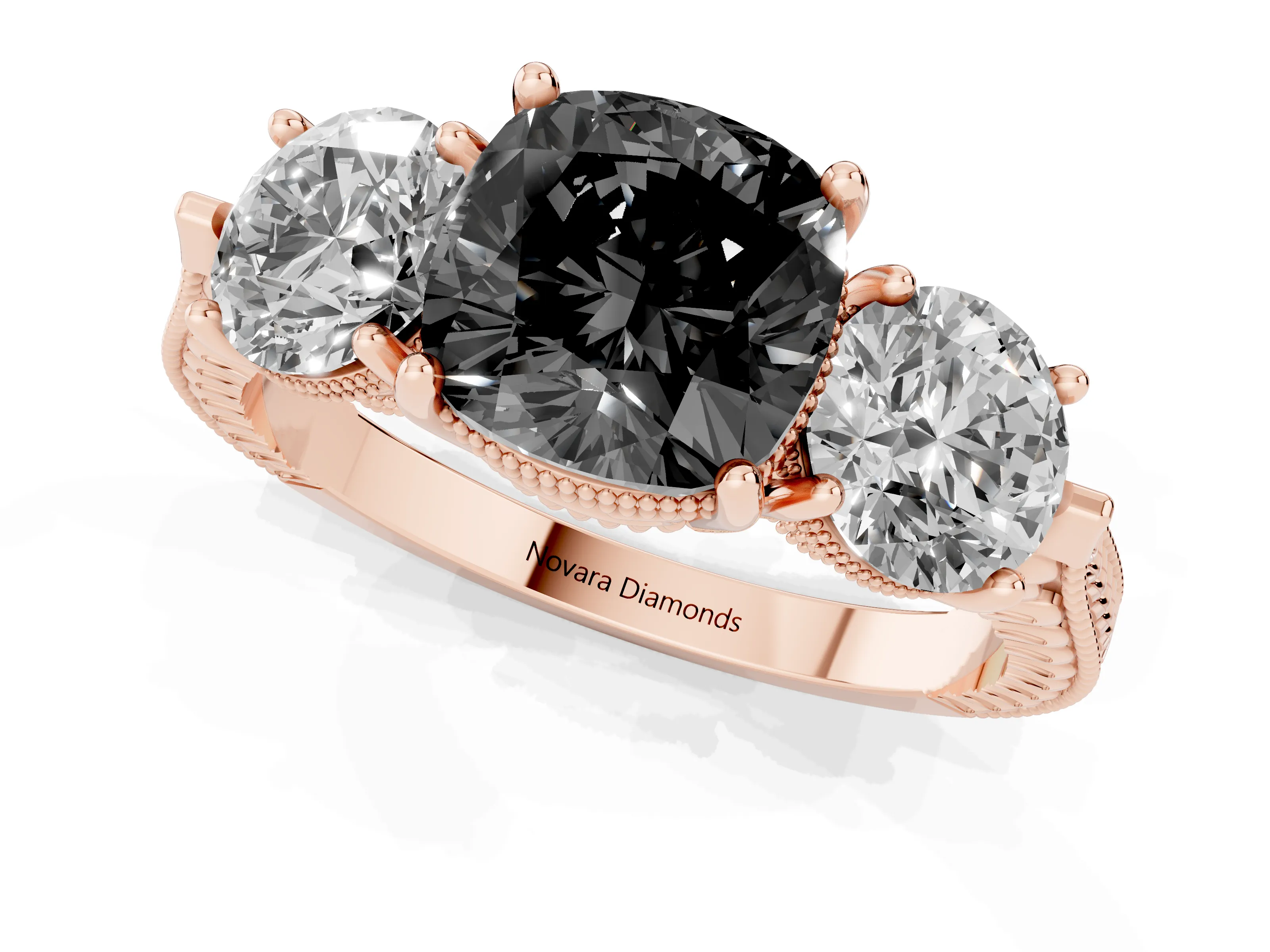 Fancy Black Cushion Cut Diamond Three-Stone Ring Set in Rose gold with Milgrain Band