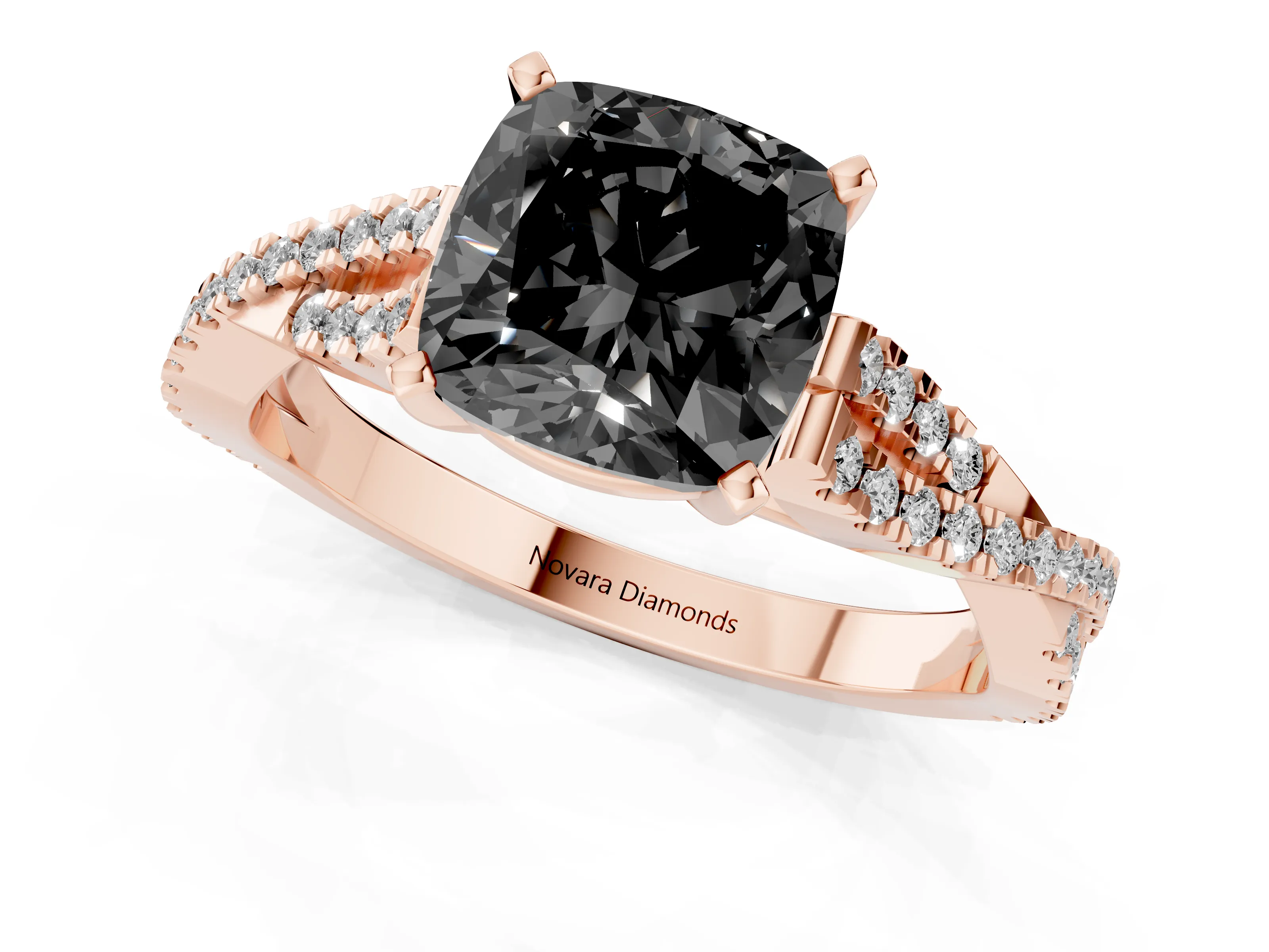 Fancy Black Cushion Cut Diamond Solitaire Engagement Ring Set in Rose gold with Twisted Pavé Band and Prong Setting