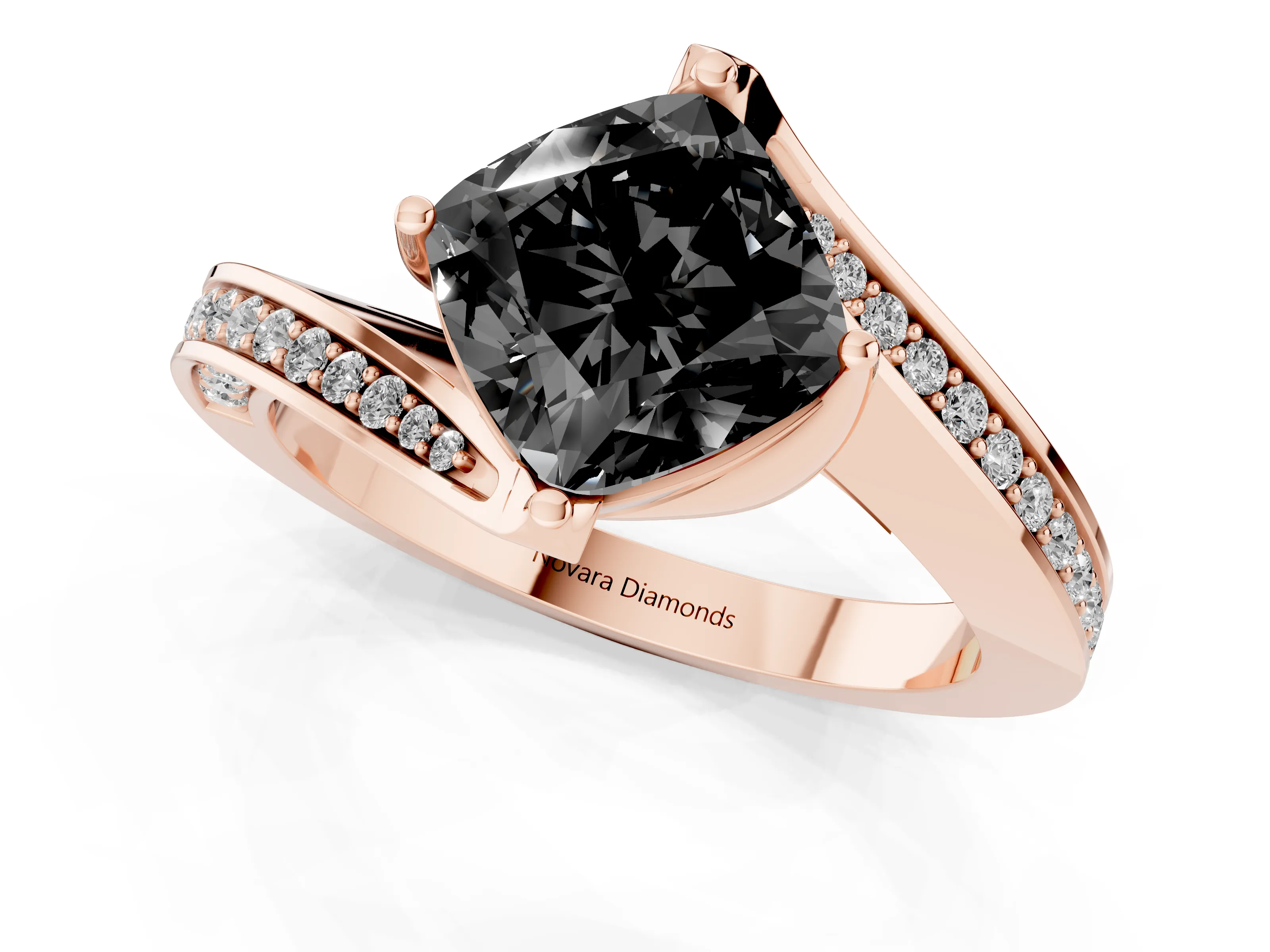 Fancy Black Cushion Cut Diamond Solitaire Ring Set in Rose gold with Intertwined Pavé Twist Band