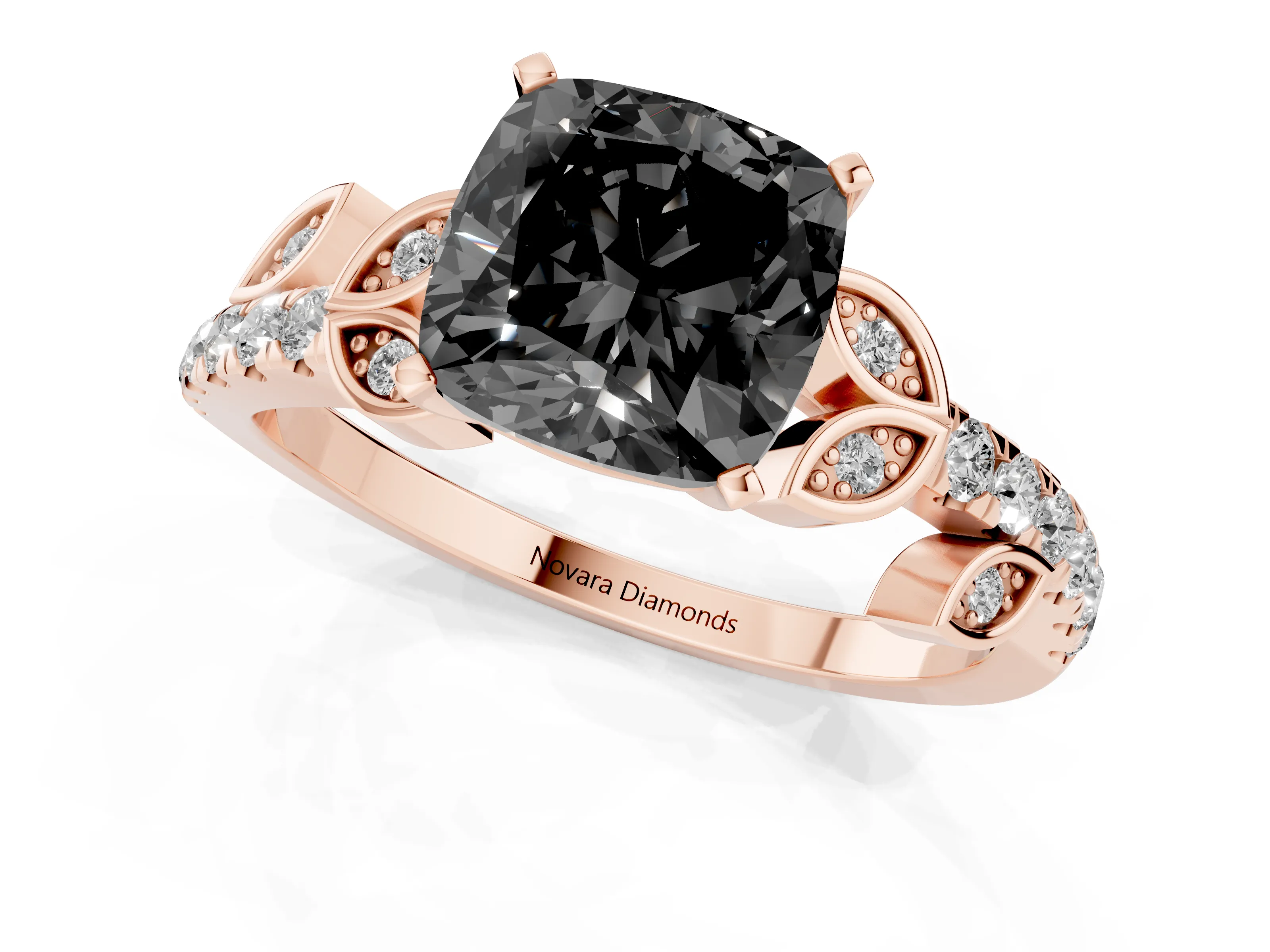 Fancy Black Cushion Cut Diamond Solitaire Leaf-Inspired Ring Set in Rose gold with Pavé Band and Prong Setting