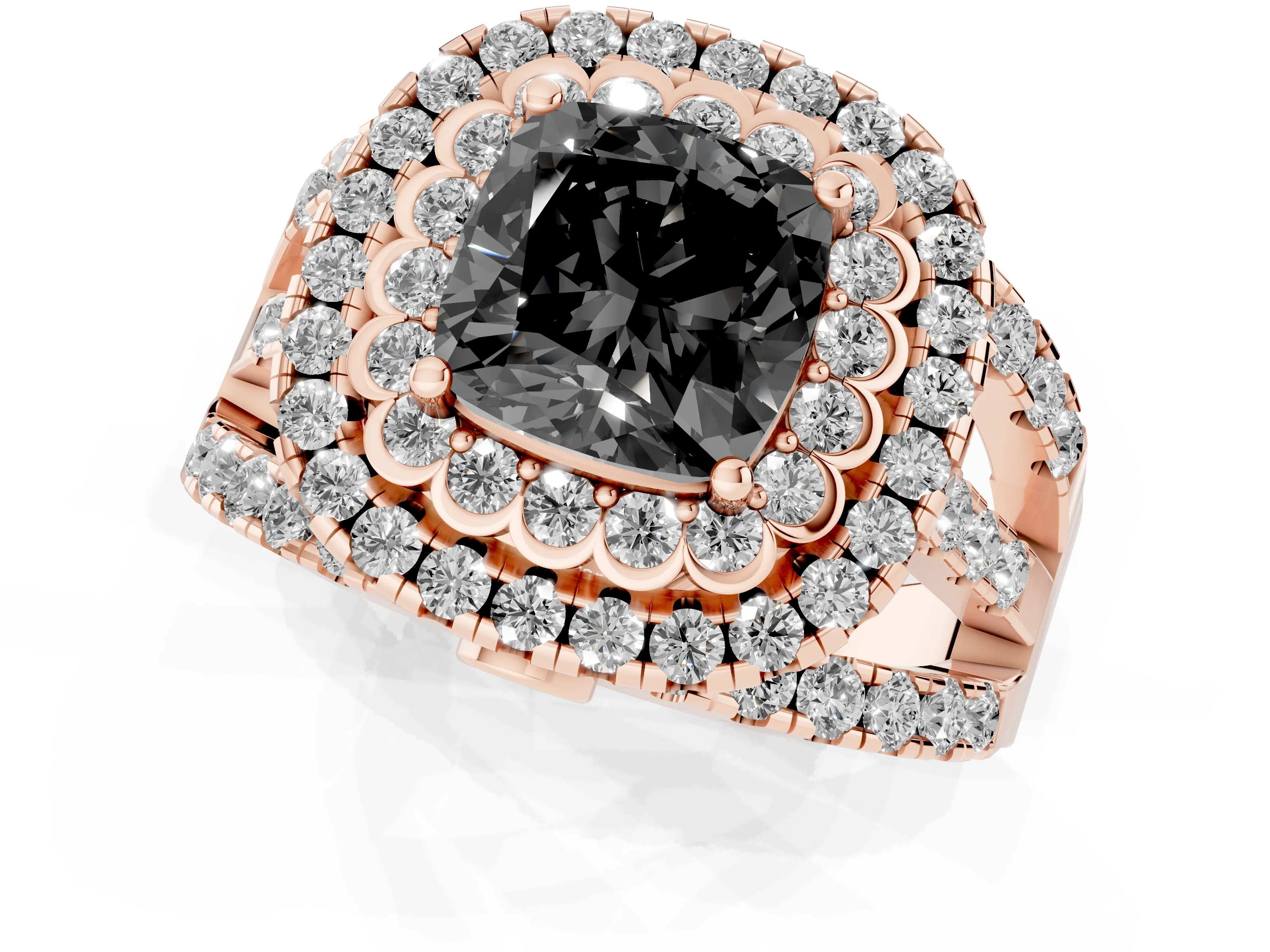Fancy Black Cushion Cut Diamond Double Halo Ring Set in Rose gold with Round Pavé Split Shank