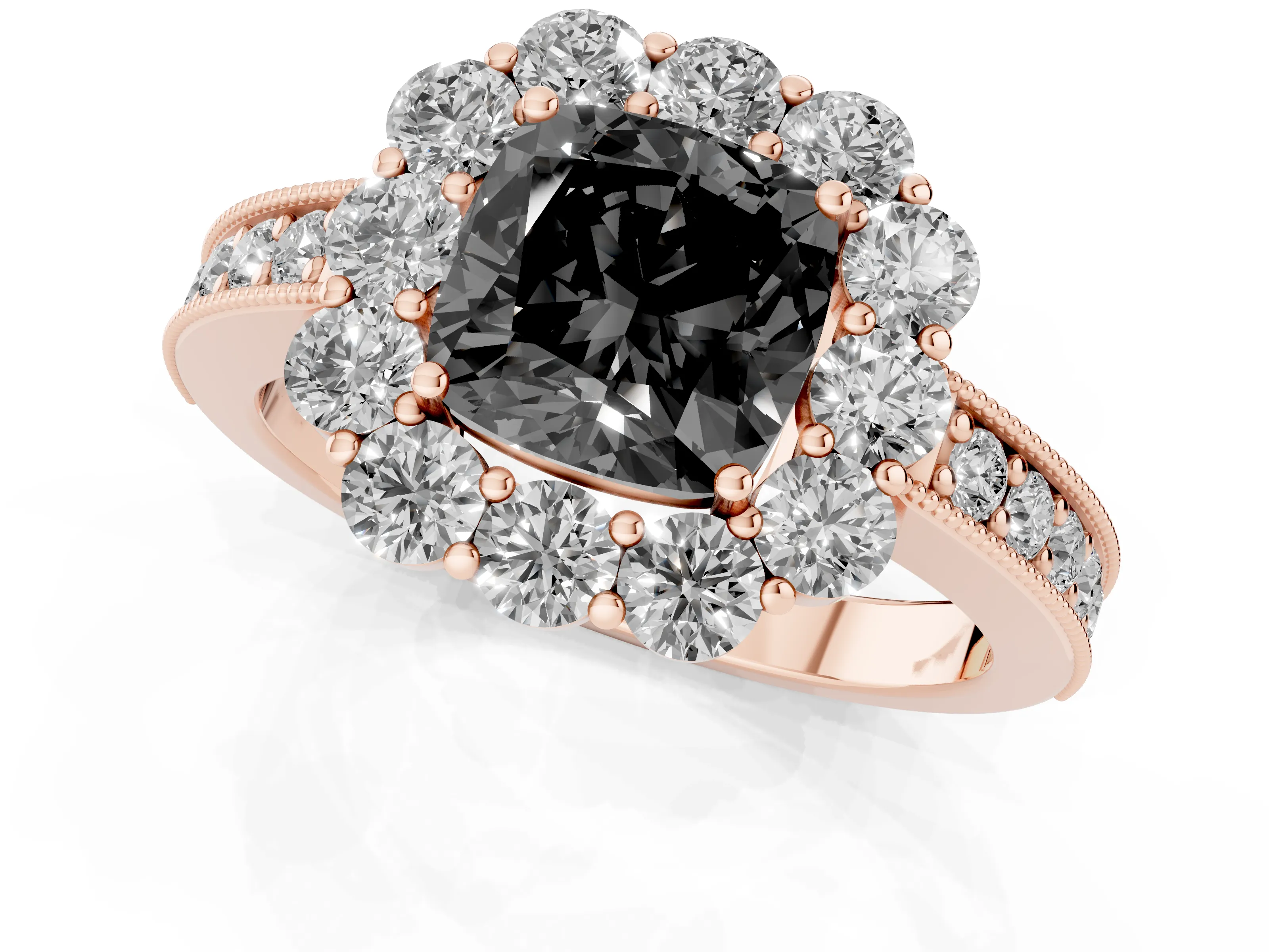 Fancy Black Cushion Cut Diamond Halo Pavé Engagement Ring Set in Rose gold with Milgrain Detailing