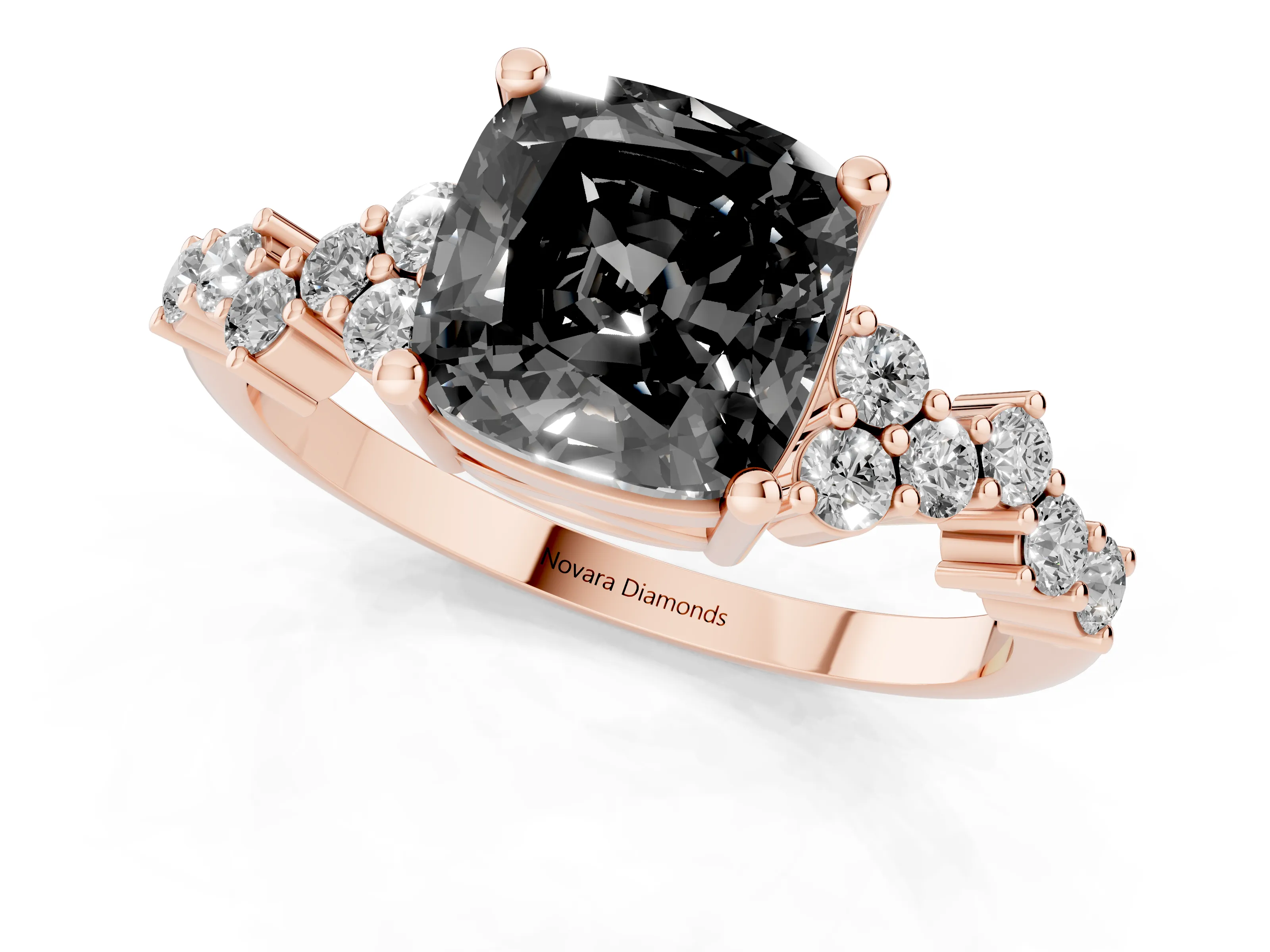 Fancy Black Cushion Cut Diamond Ring Set in Rose gold with Scattered Round Accents