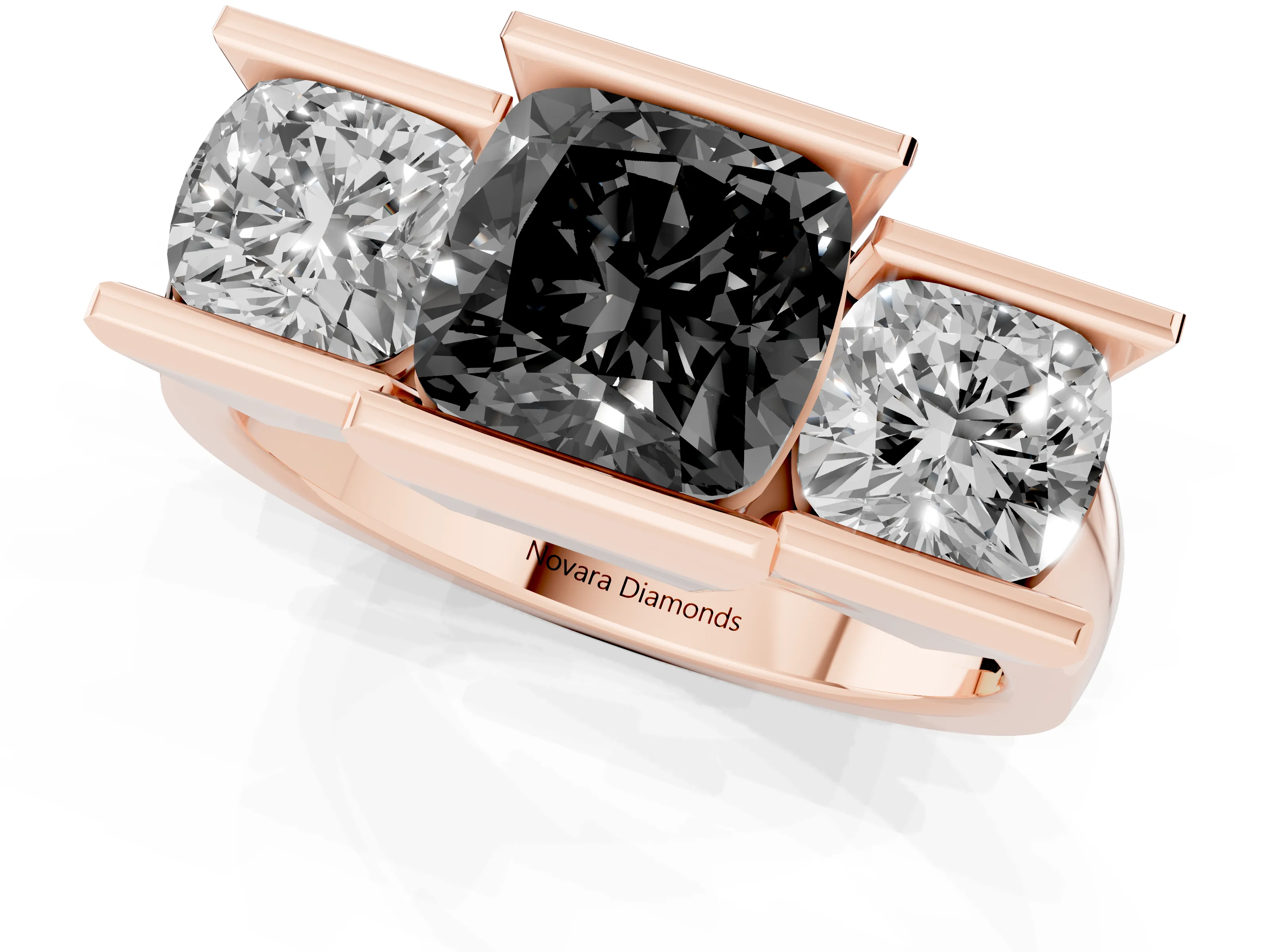 Fancy Black Cushion Cut Diamond Three-Stone Channel Set Ring Set in Rose gold with Smooth Polished Band