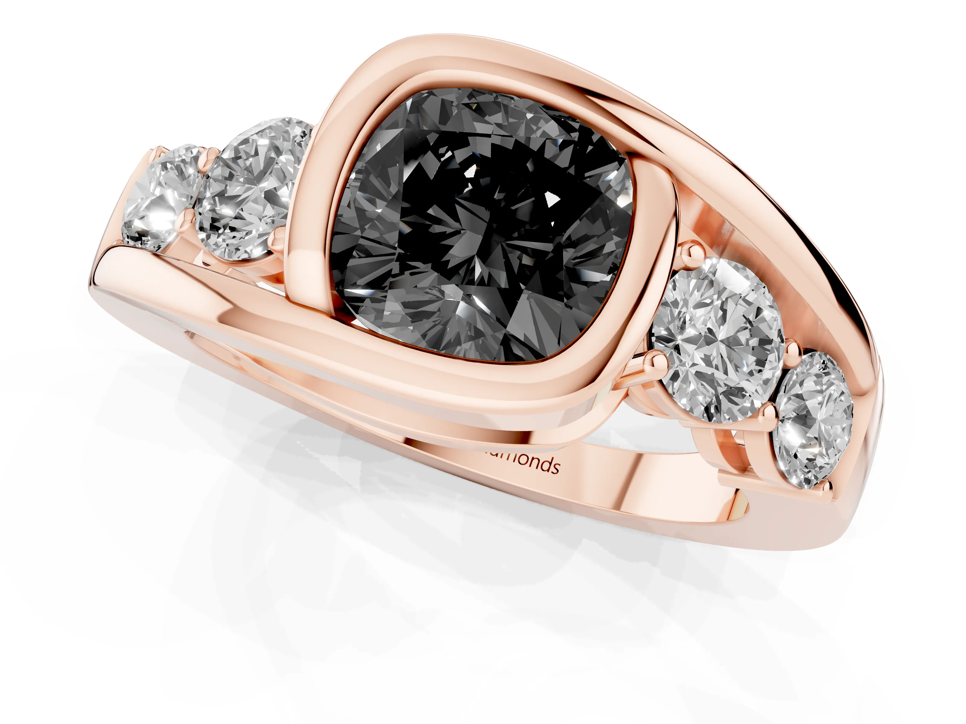 Fancy Black Cushion Cut Diamond Bezel Bypass Ring Set in Rose gold with Round Accents