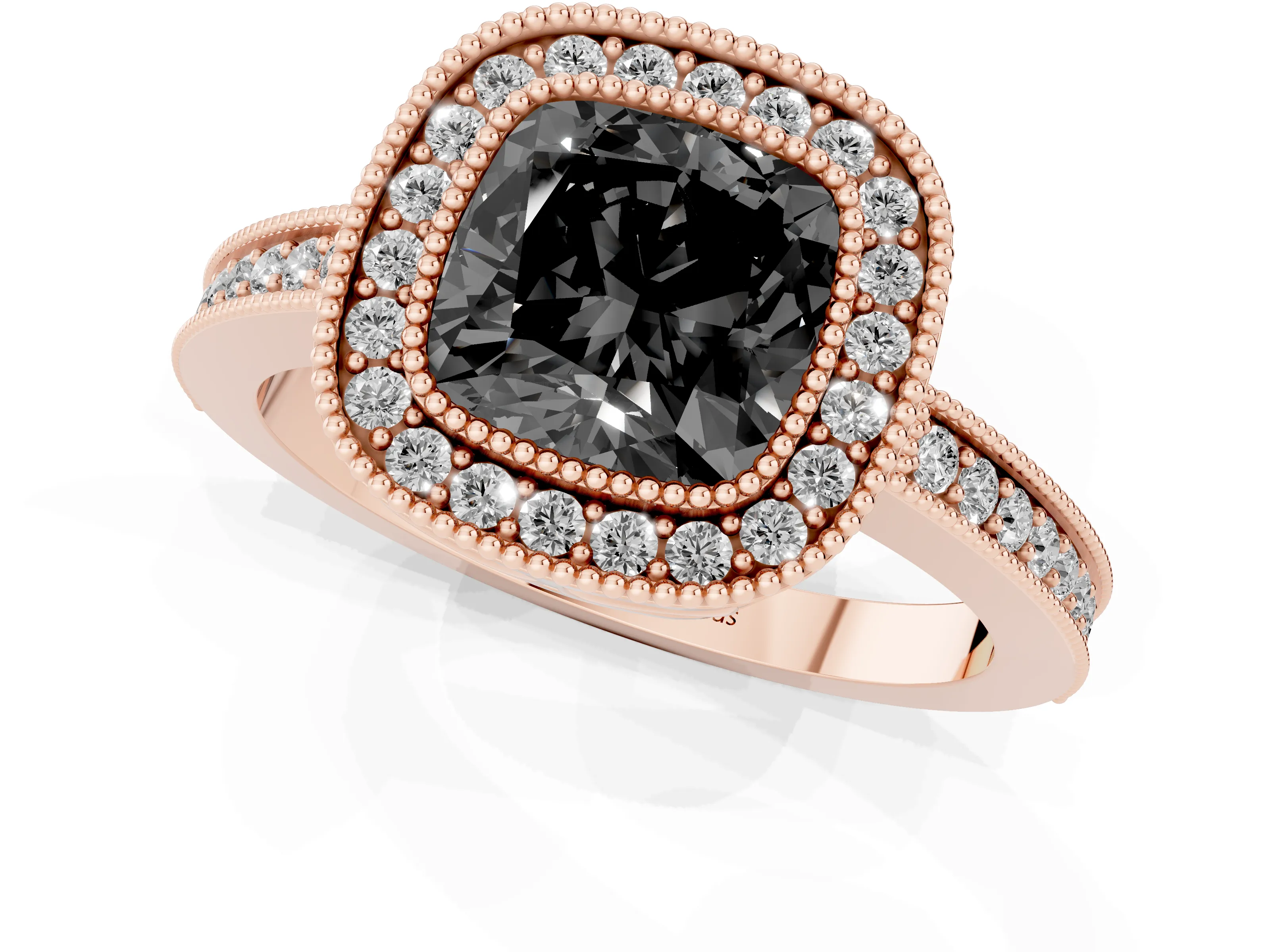 Fancy Black Cushion Cut Diamond Round Halo Ring Set in Rose gold with Pavé Band
