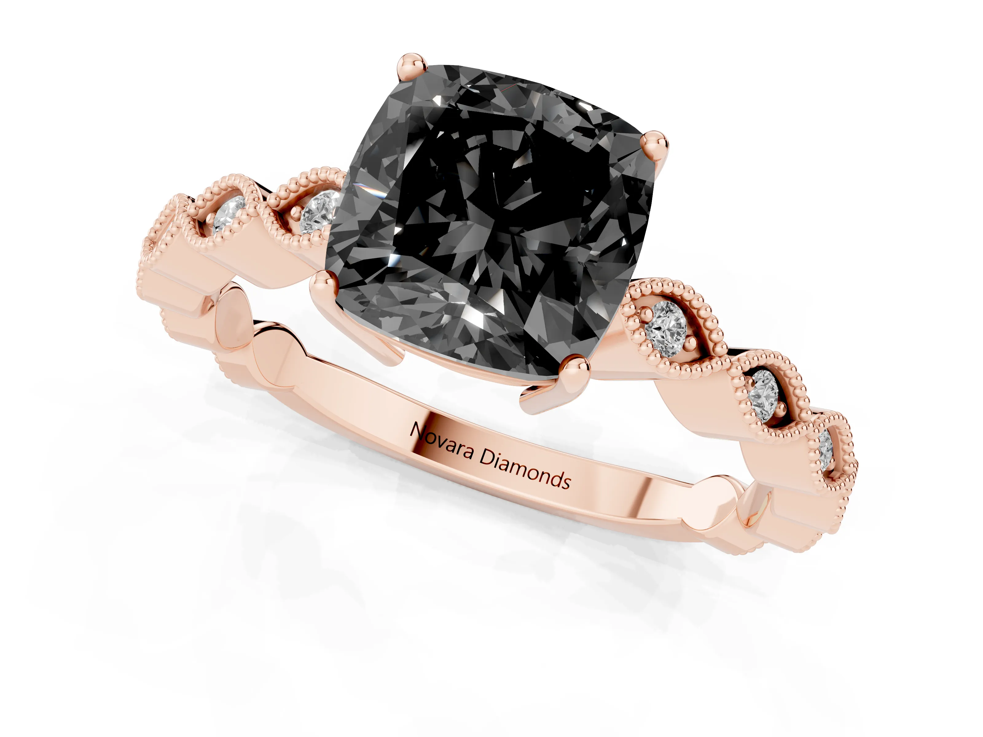 Fancy Black Cushion Cut Diamond Solitaire Ring Set in Rose gold with Infinity Twist Pavé Band