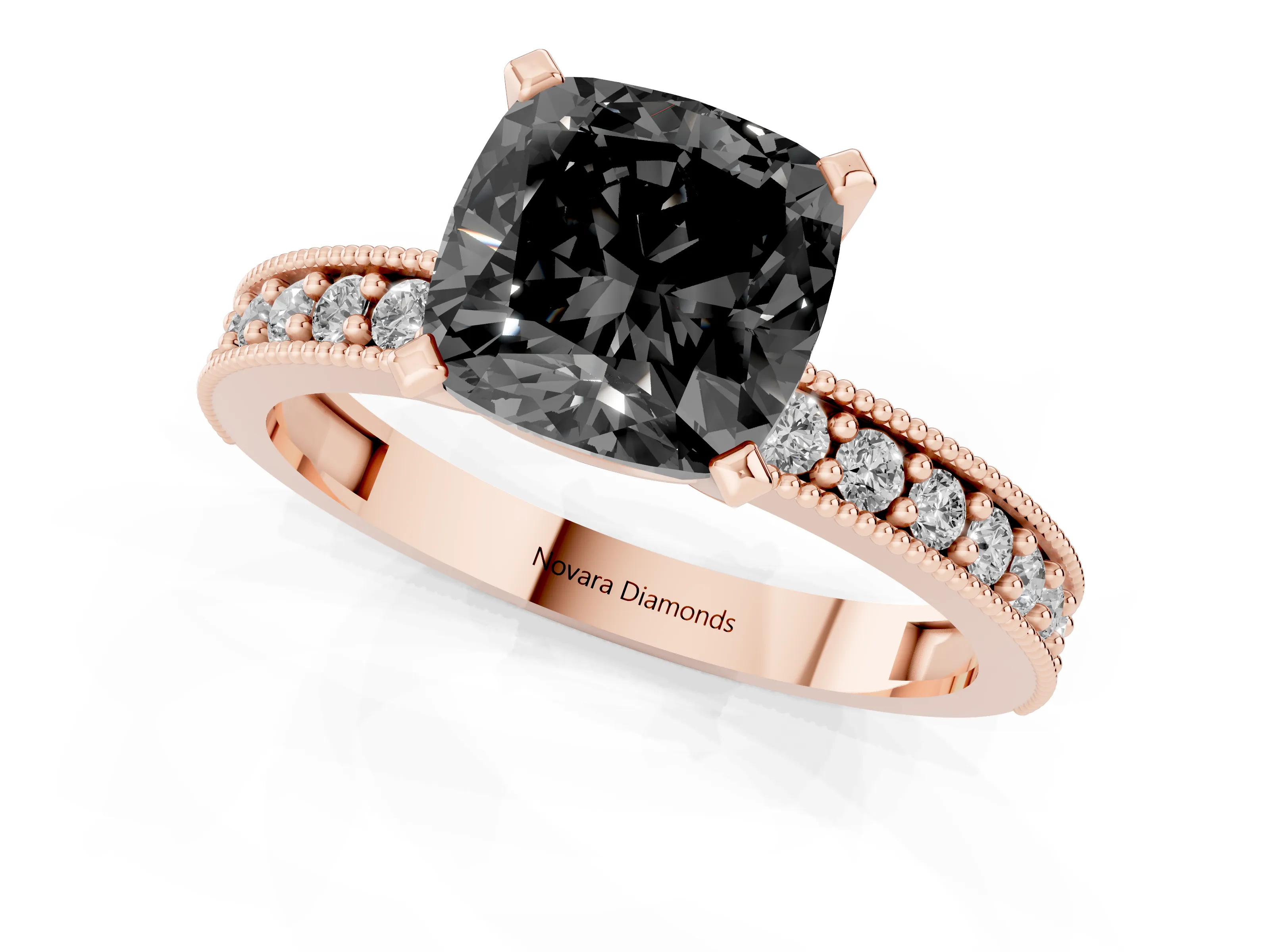 Fancy Black Cushion Cut Diamond Milgrain Pavé Engagement Ring Set in Rose gold with Prong Setting