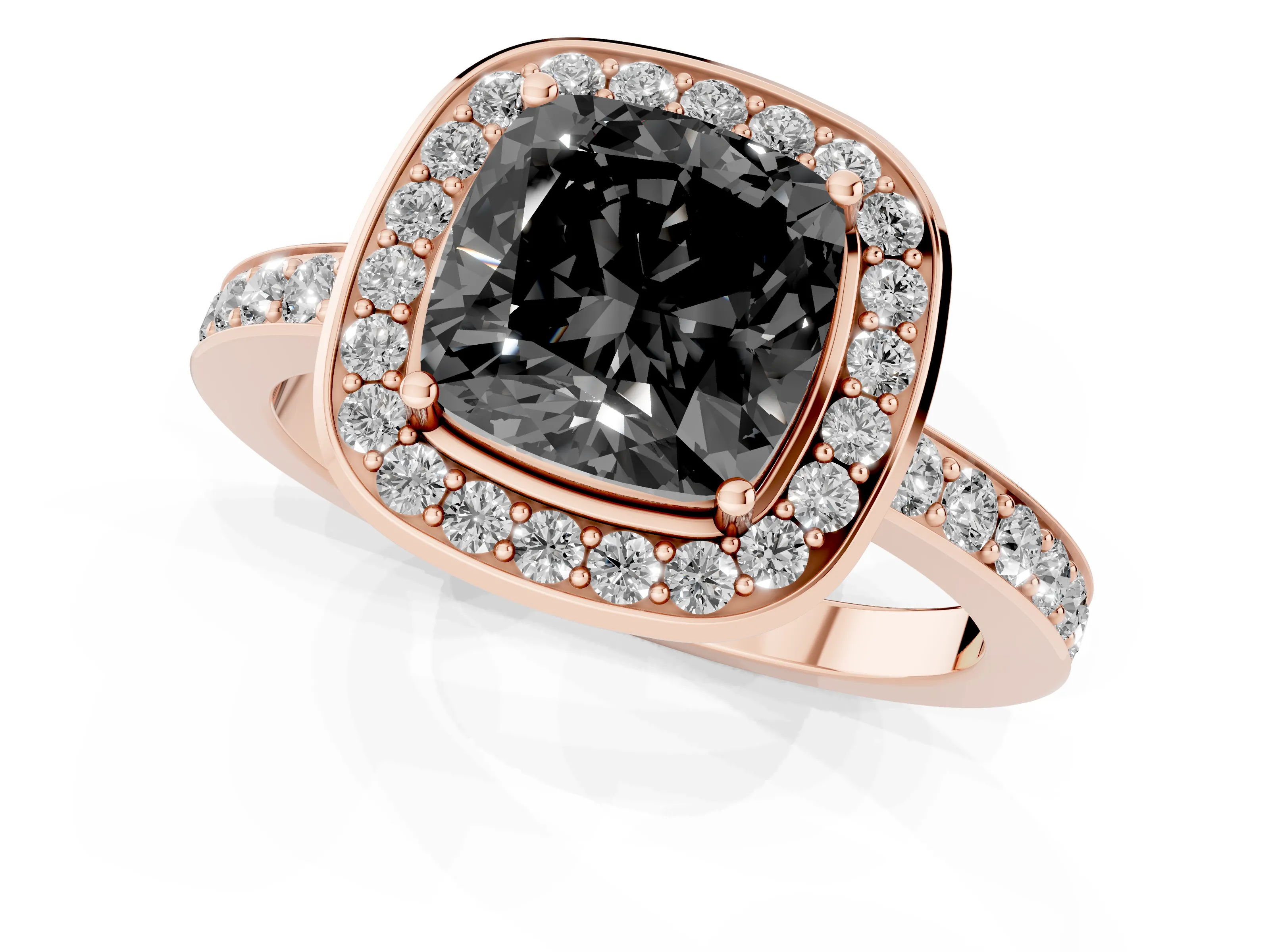 Fancy Black Cushion Cut Diamond Halo Ring Set in Rose gold with Bezel Frame and Pavé Band