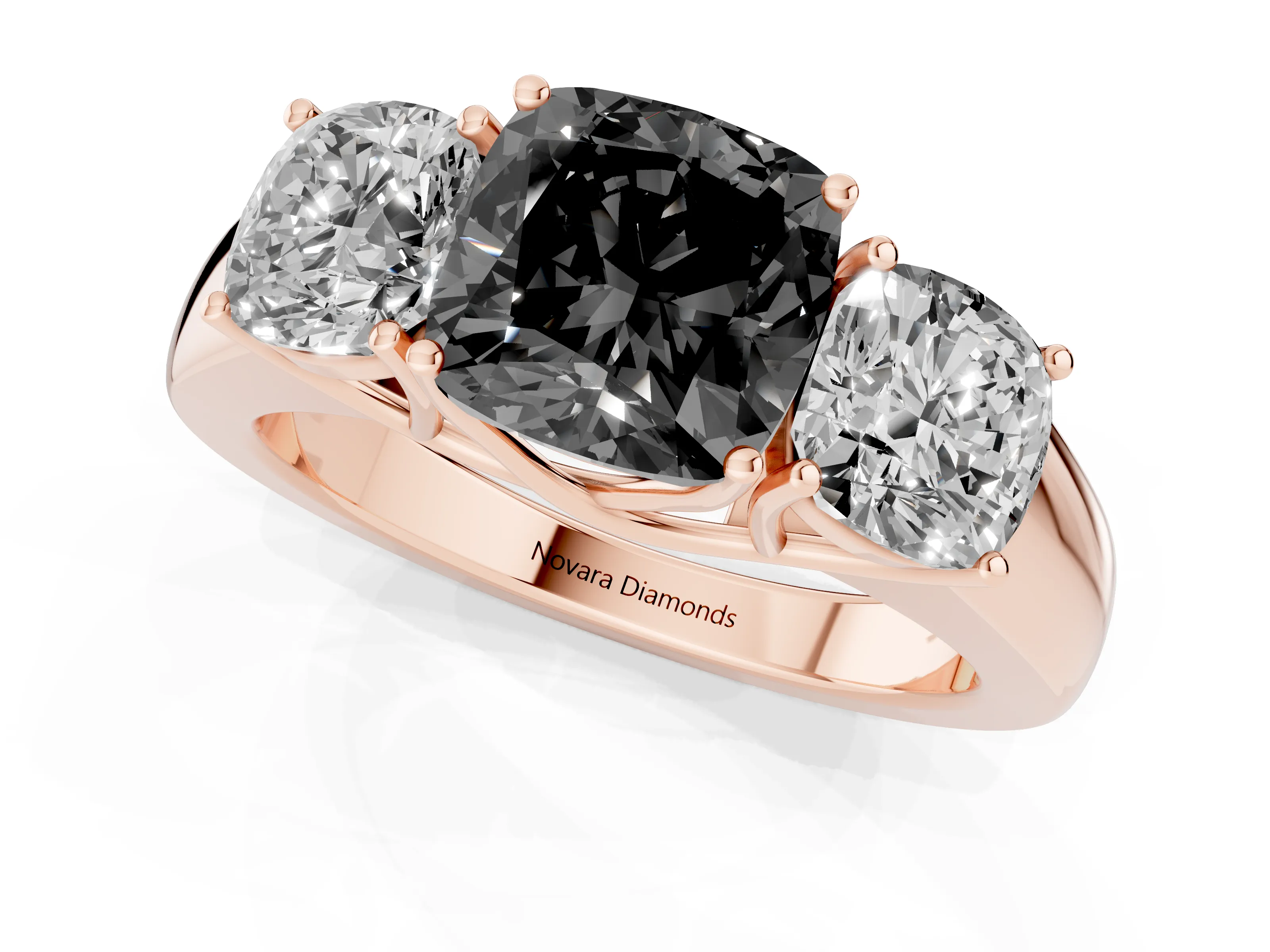 Cushion Cut Three Stone Engagement Ring Setting for a Black Center | Rose Gold