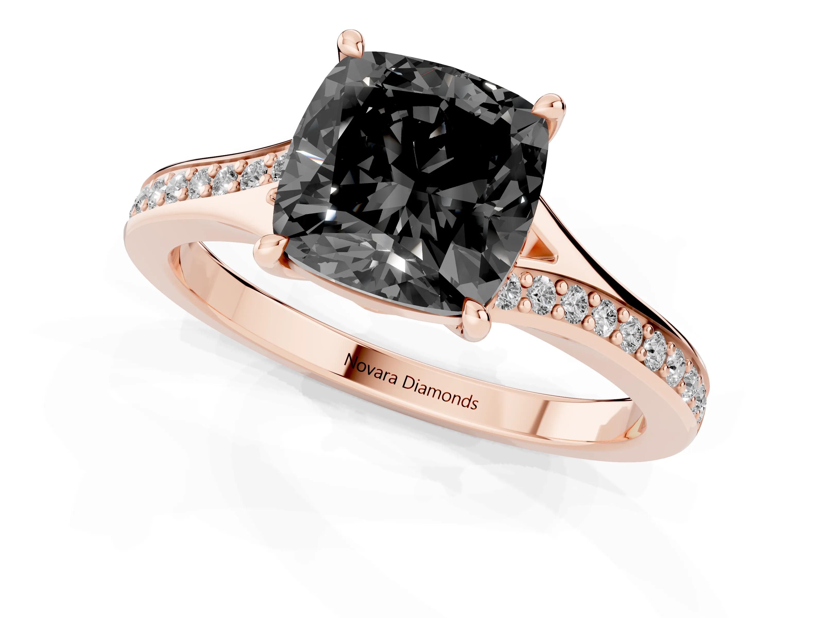 Fancy Black Cushion Cut Diamond Solitaire Ring Set in Rose gold with Pavé Accent Band and Classic Prong Setting