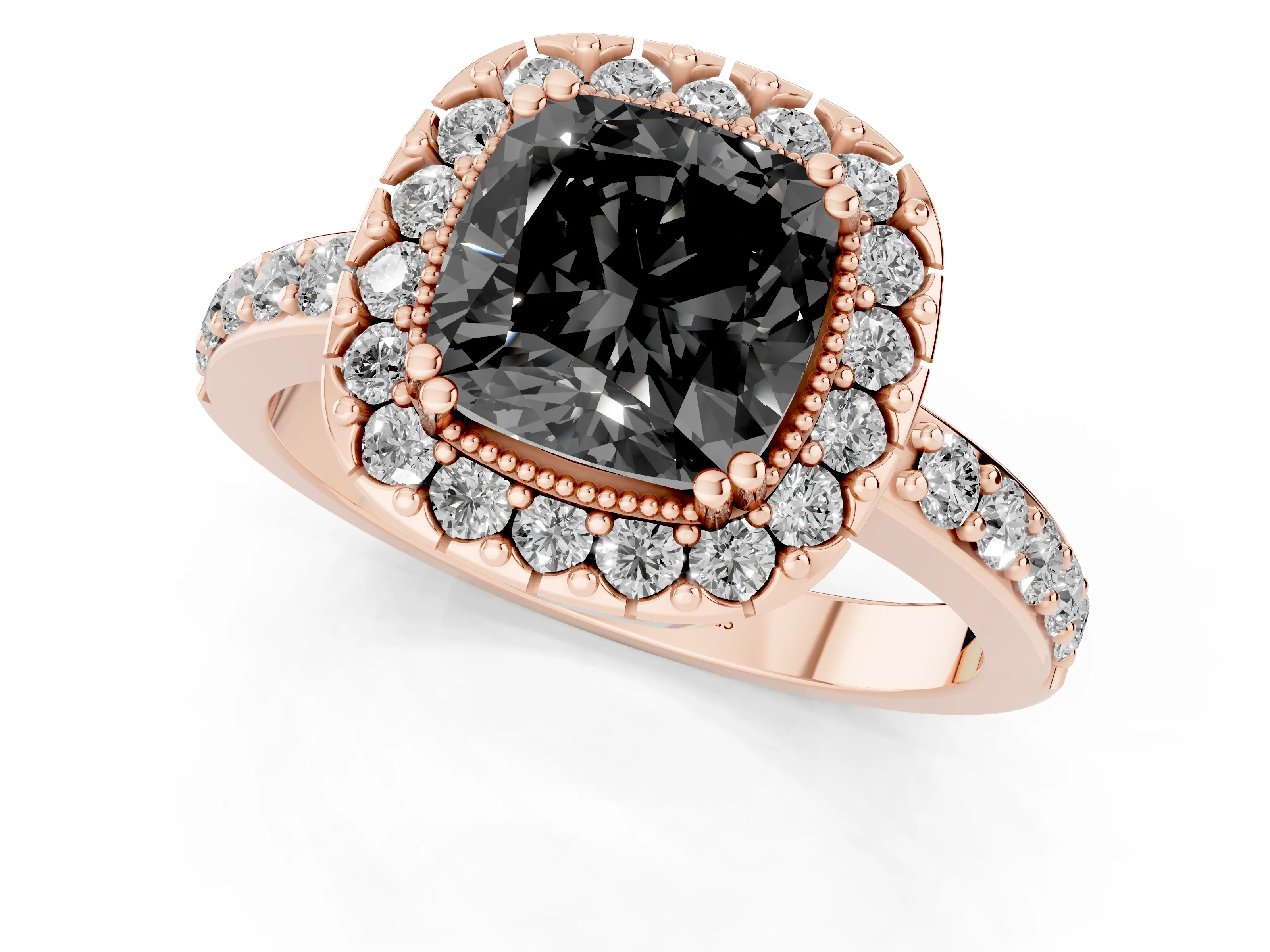 Fancy Black Cushion Cut Diamond Halo Ring Set in Rose gold with Pavé Shank and Prong Setting
