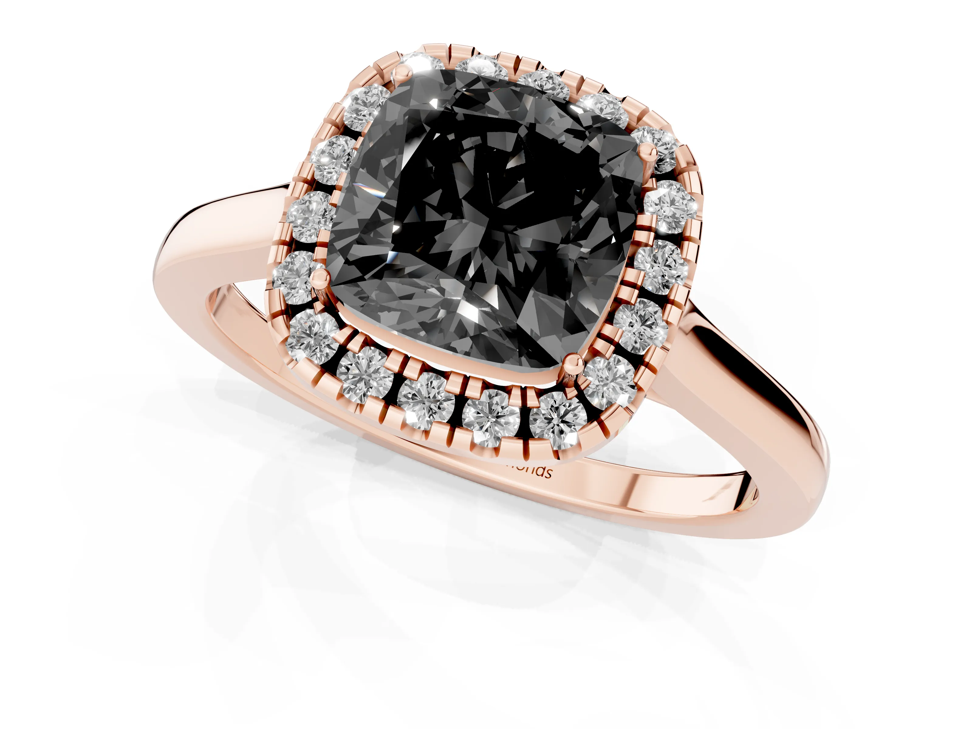 Fancy Black Cushion Cut Halo Round Diamond Solitaire Ring Set in Rose gold with Pavé Band and Prong Setting