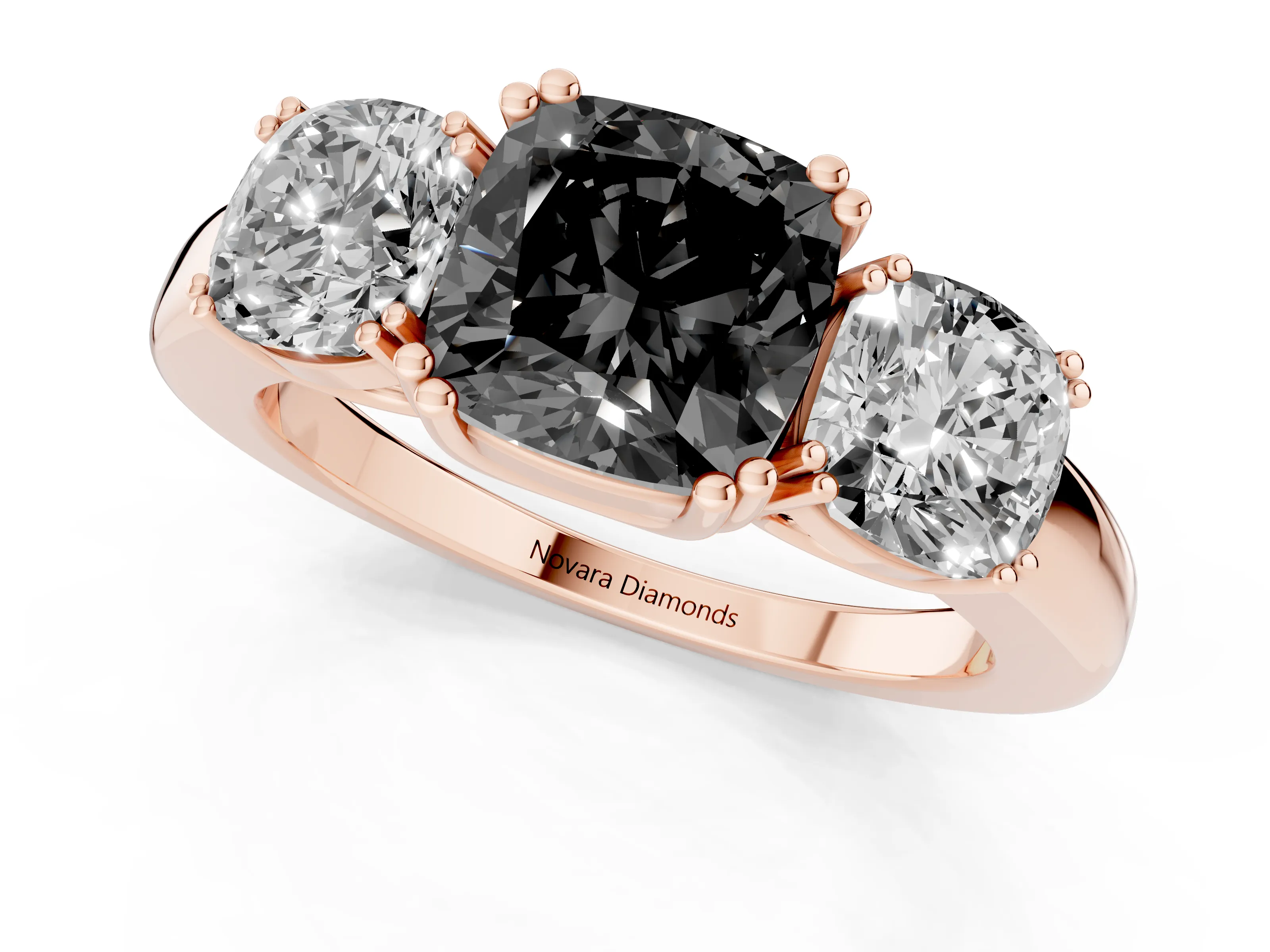 Fancy Black Cushion Cut Diamond Three-Stone Ring Set in Rose gold with Polished Band and Prong Setting