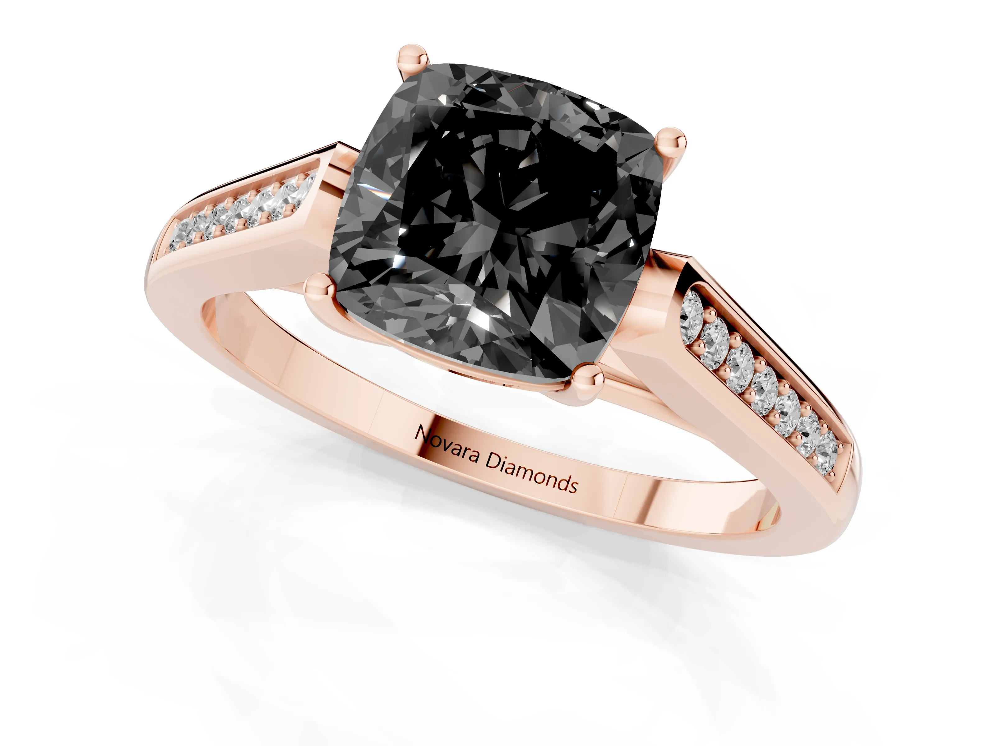 Fancy Black Cushion Cut Diamond Solitaire Cathedral Engagement Ring Set in Rose gold with Channel-Set Band and Prong Setting