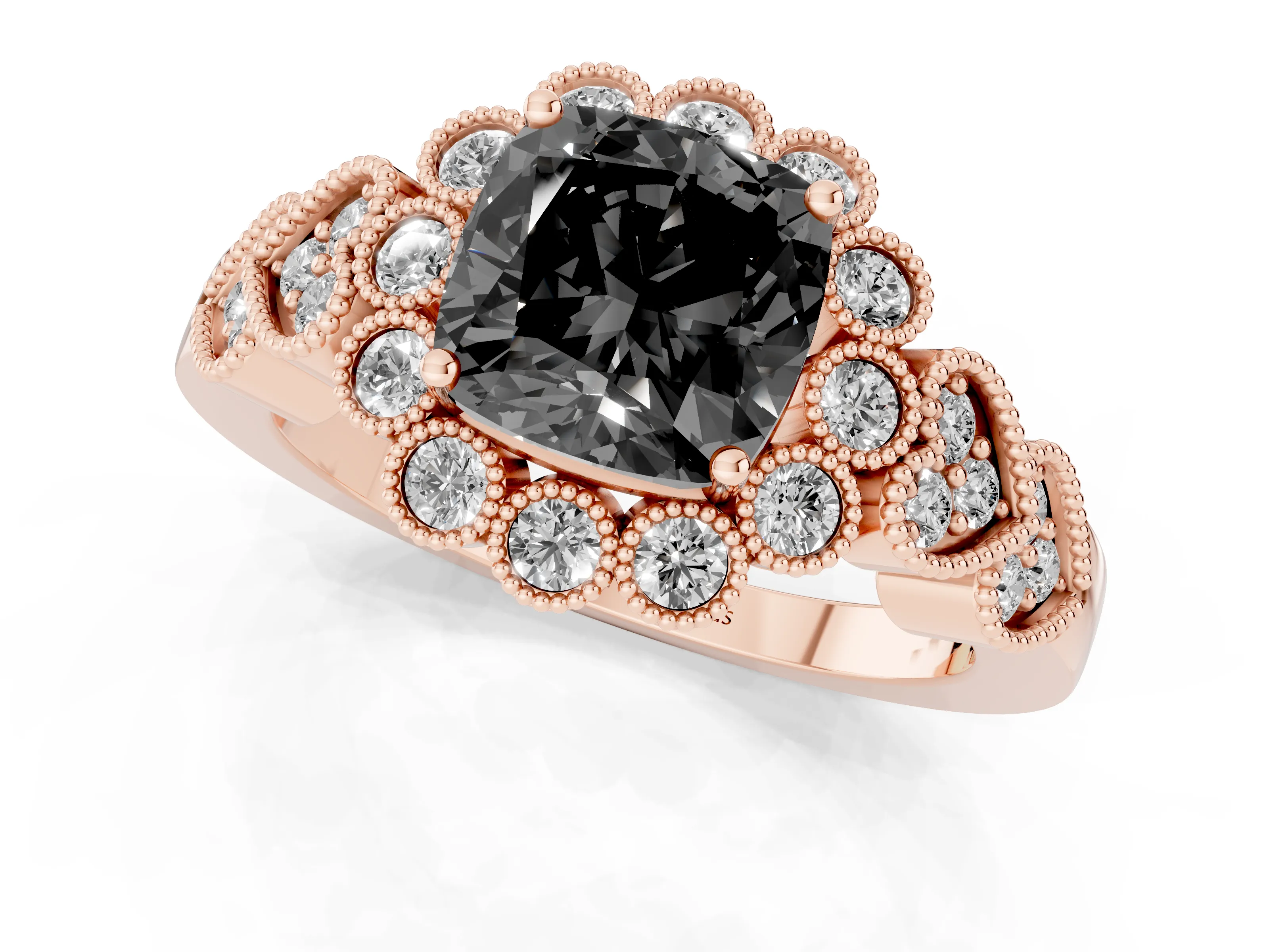 Fancy Black Cushion Cut Diamond Solitaire Ring Set in Rose gold with Milgrain Pavé Heart Band