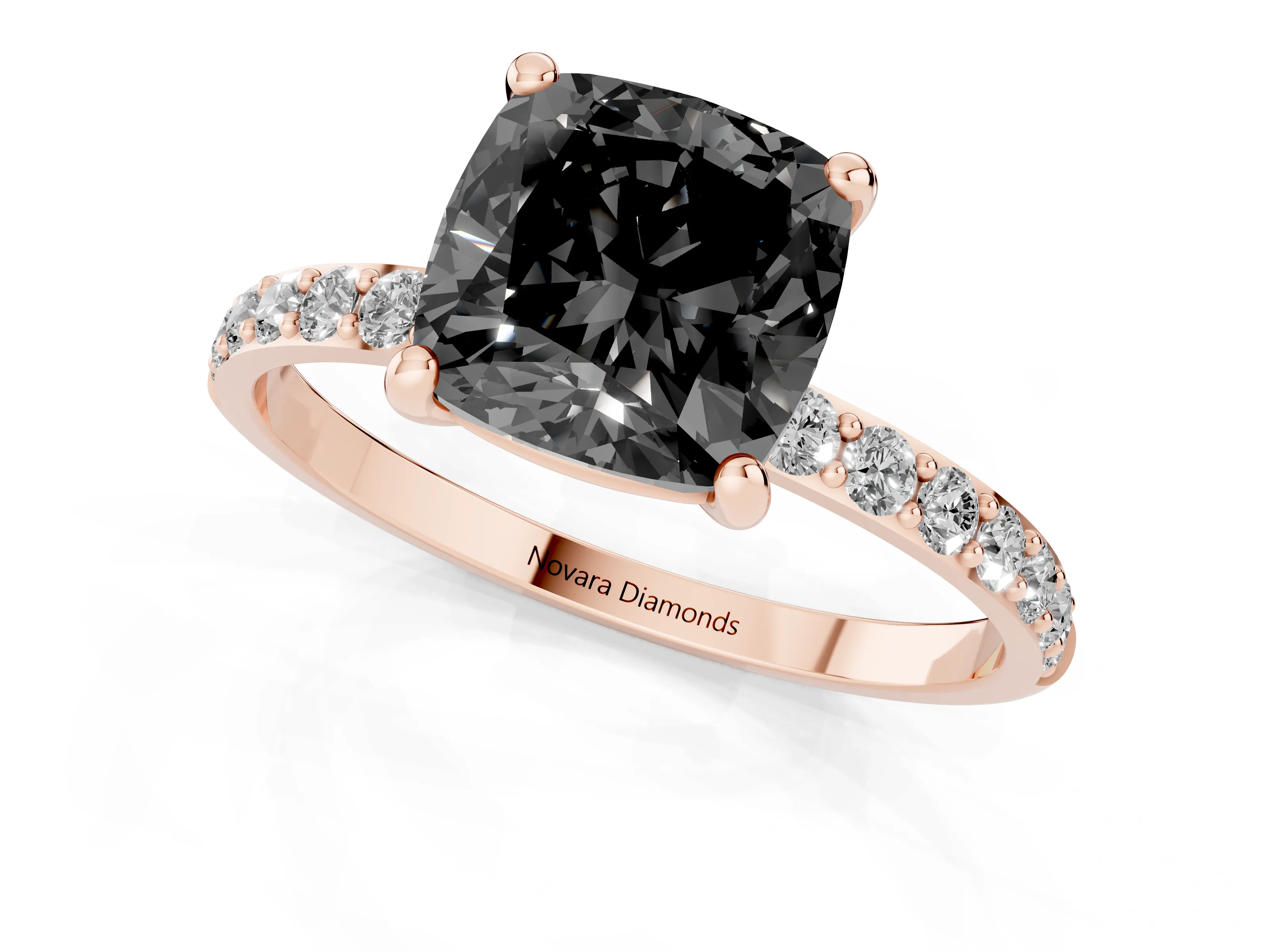 Fancy Black Cushion Cut Diamond Solitaire Ring Set in Rose gold with Round Pavé Band and Prong Setting