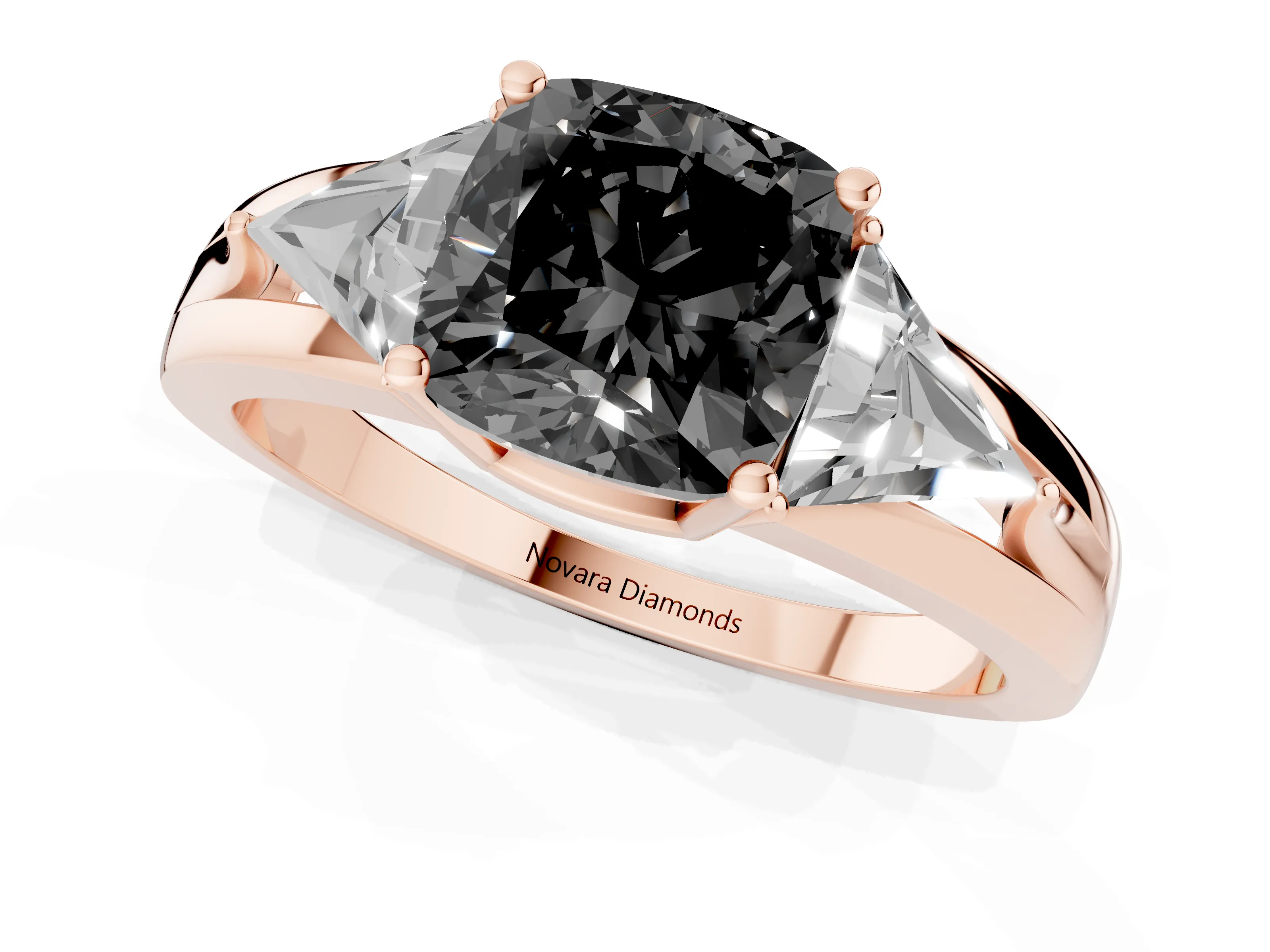 Fancy Black Cushion Cut Diamond Three-Stone Ring Set in Rose gold with Trillion Side Stones and Split Shank