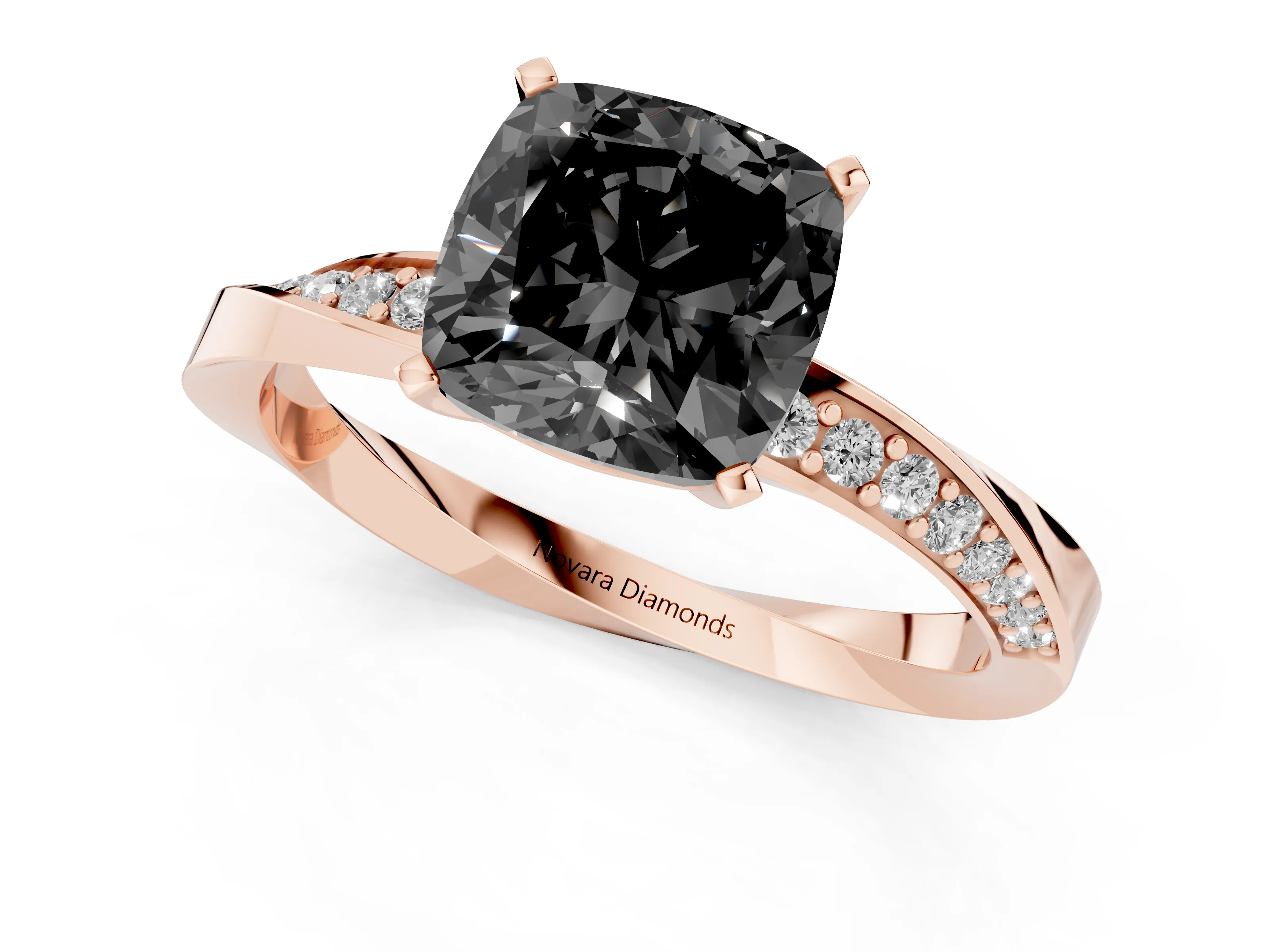 Fancy Black Cushion Cut Diamond Engagement Ring Set in Rose gold with Side Stone Accents and Prong Setting