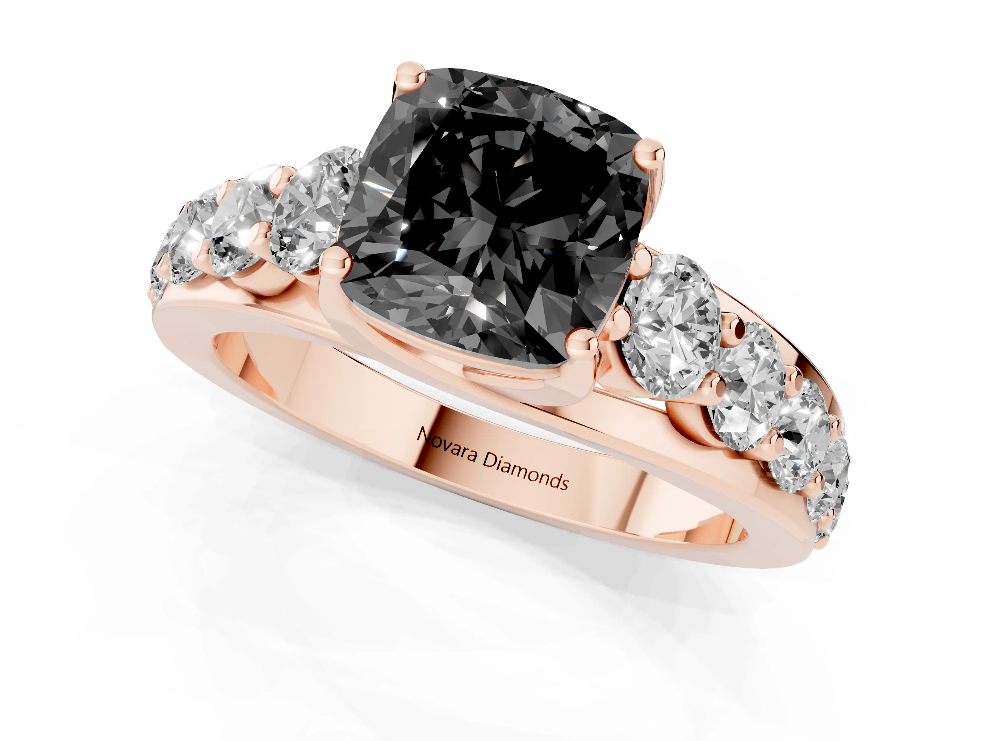 Fancy Black Cushion Cut Diamond Pavé Engagement Ring Set in Rose gold with Prong Setting