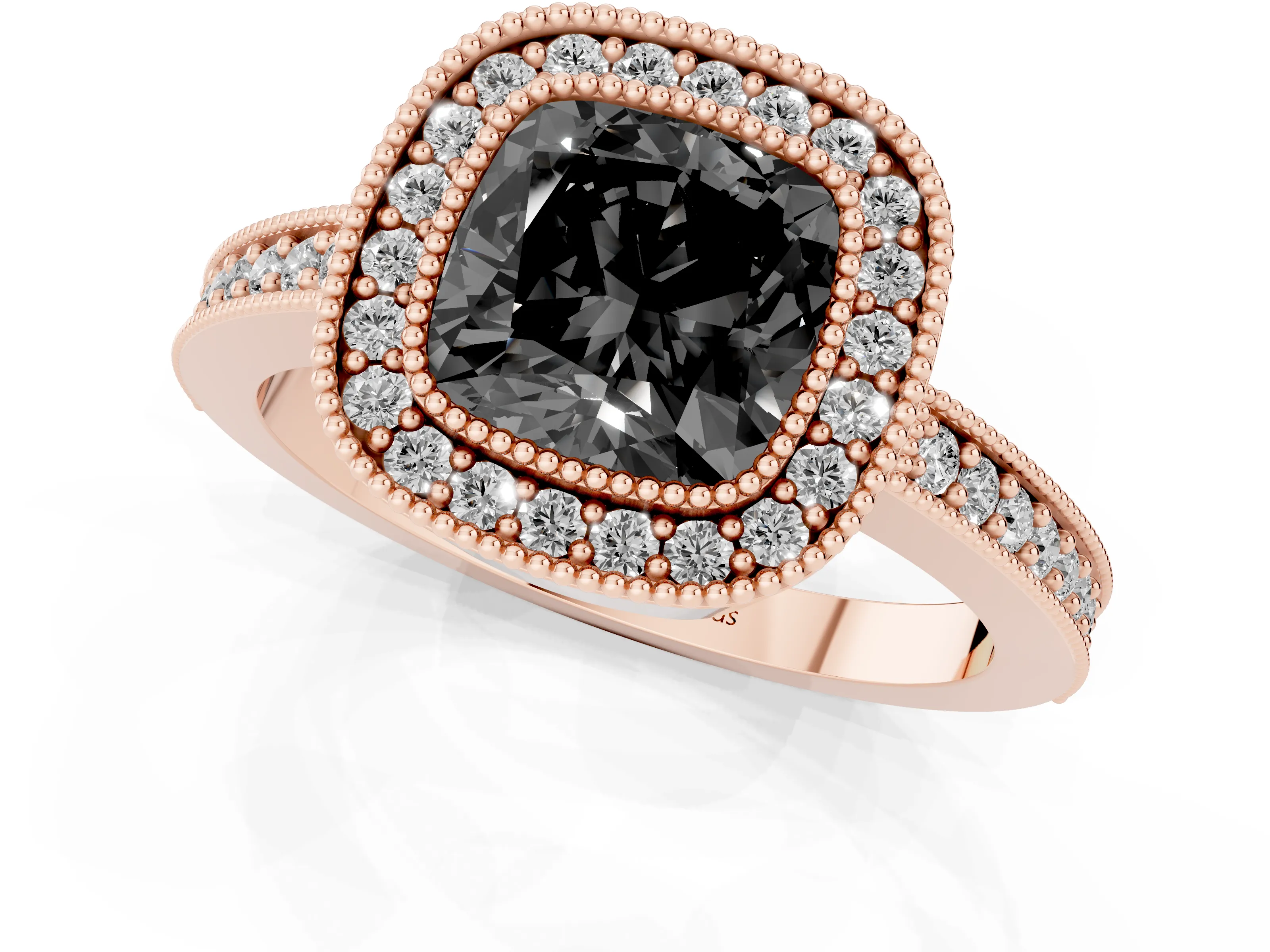 Fancy Black Cushion Cut Diamond Halo Engagement Ring Set in Rose gold with Pavé Band and Round Halo Stones