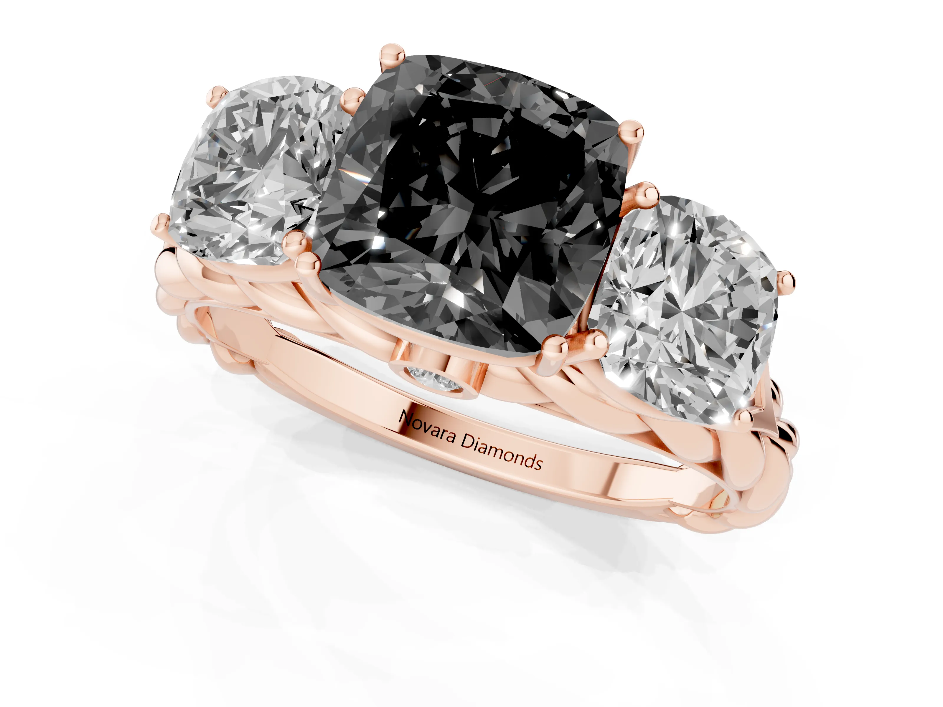 Fancy Black Cushion Cut Diamond Three-Stone Ring Set in Rose gold with Braided Band