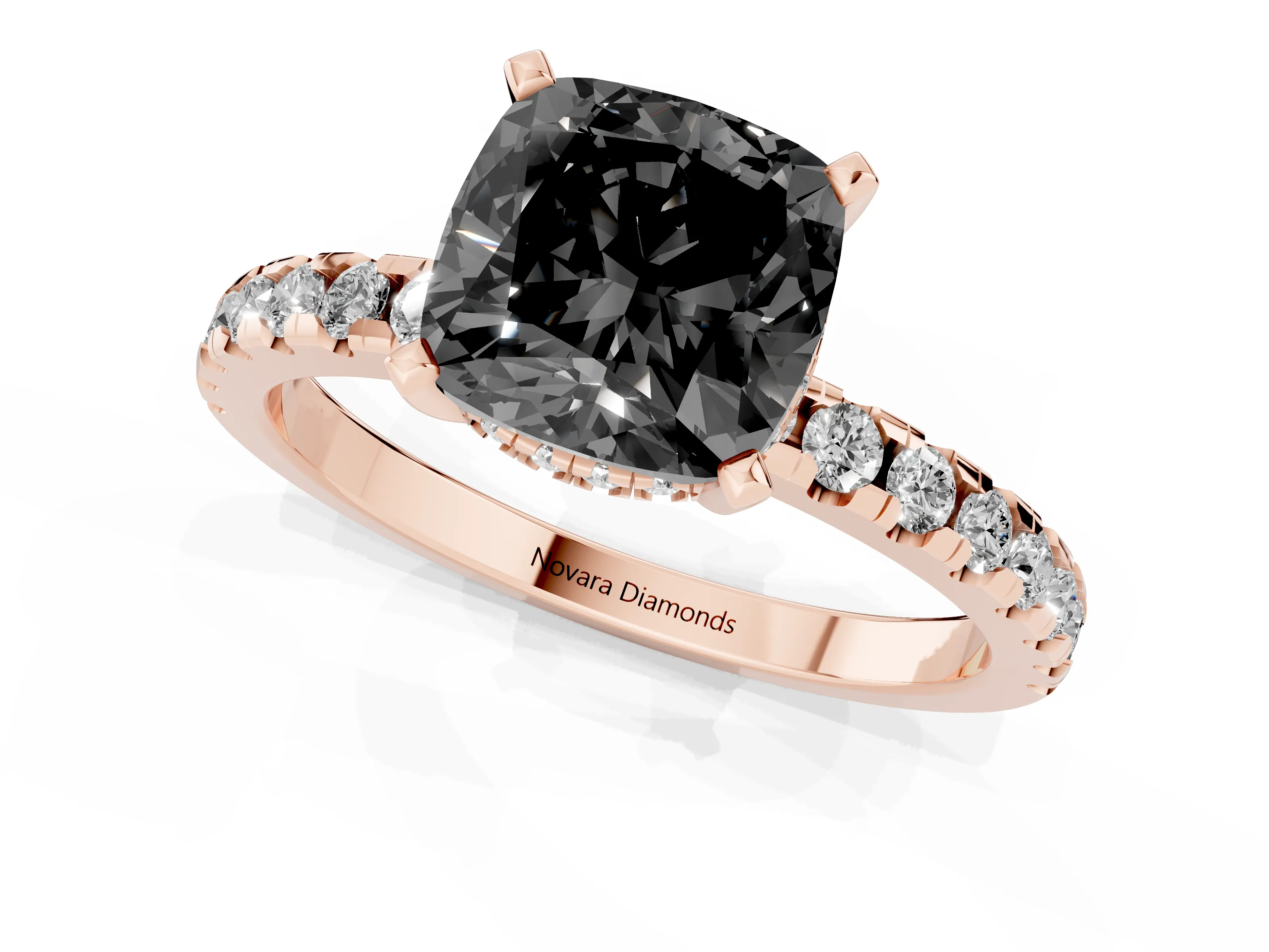 Fancy Black Cushion Cut Diamond Pavé Solitaire Ring Set in Rose gold with Round Band Accents and Prong Setting – second view