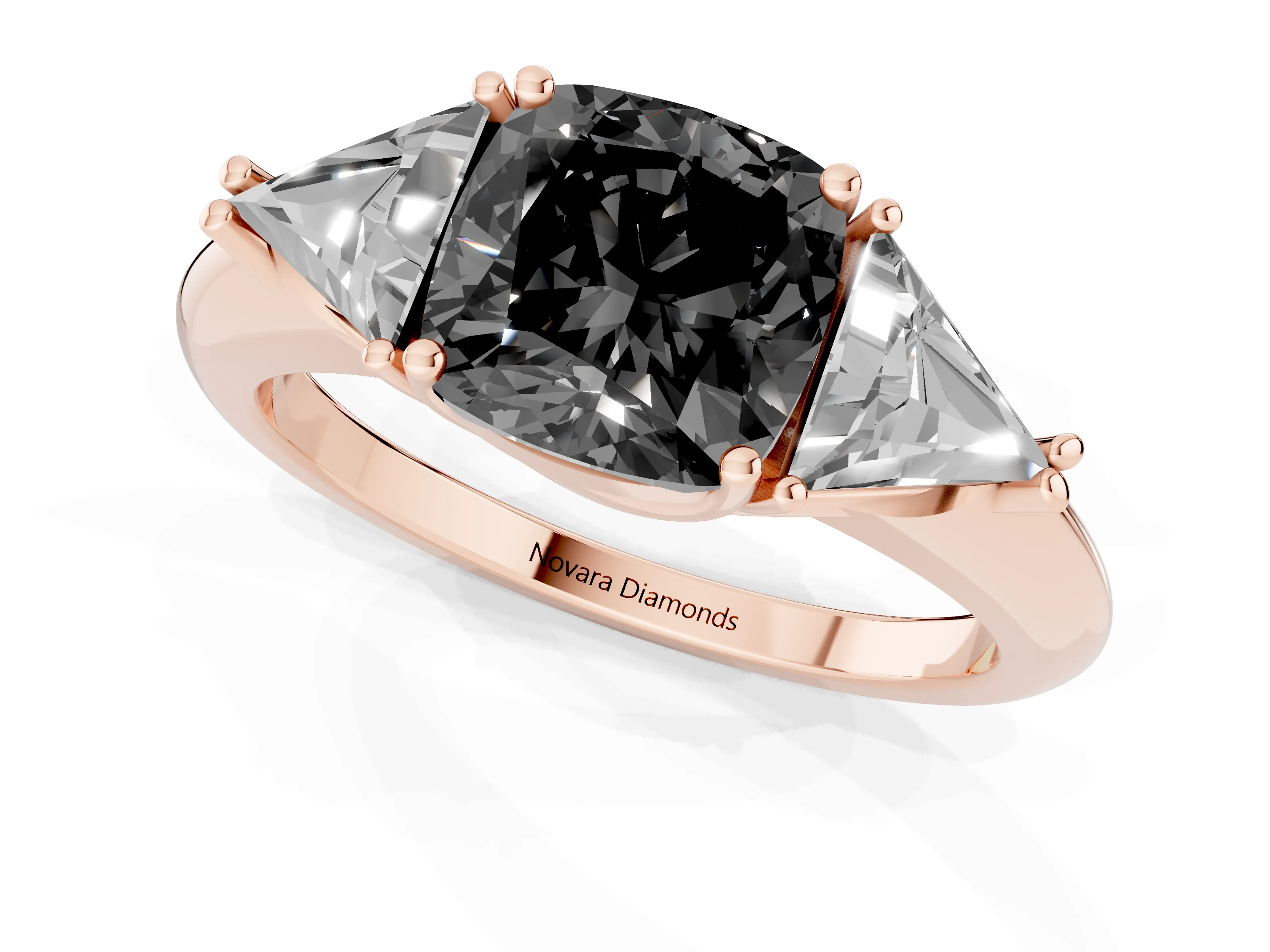 Fancy Black Cushion Cut Diamond Three-Stone Engagement Ring Set in Rose gold with Trillion Side Stones