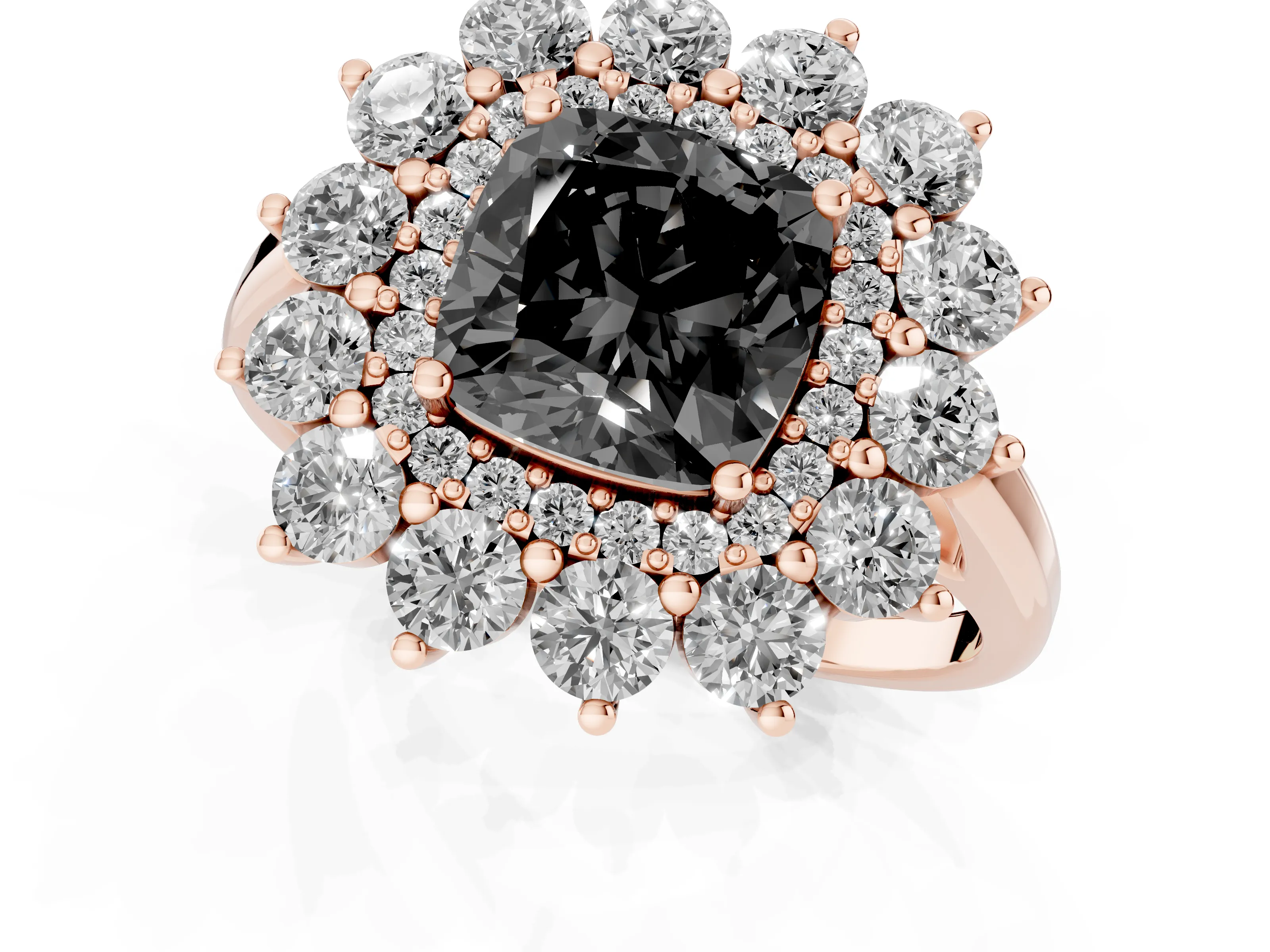Fancy Black Cushion Cut Diamond Floral Double Halo Ring Set in Rose gold with Round Petals