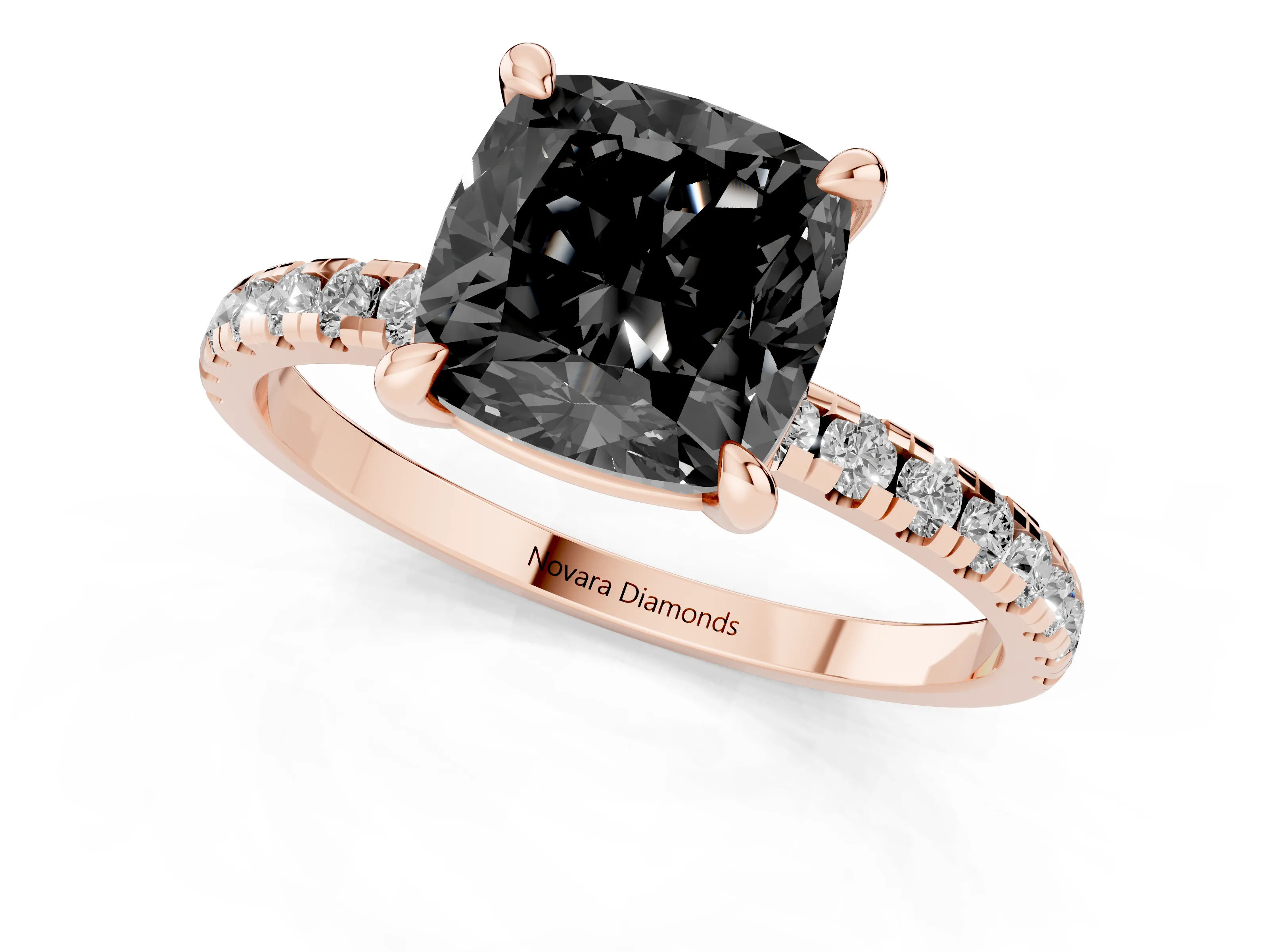 Fancy Black Cushion Cut Diamond Brilliant Solitaire Ring Set in Rose gold with Pavé Band and Prong Setting