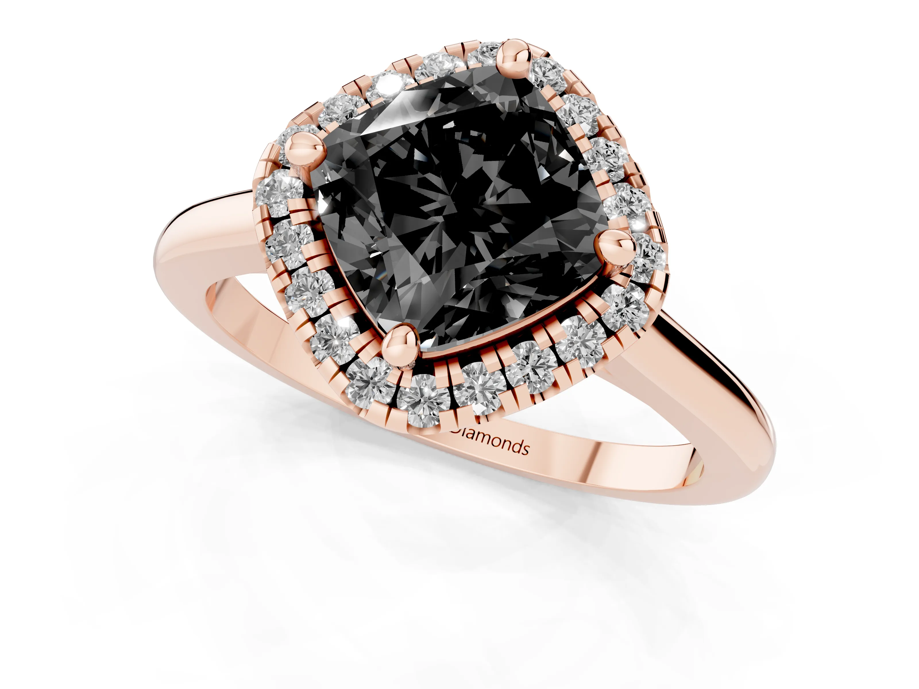 Fancy Black Cushion Cut Diamond Halo Engagement Ring Set in Rose gold with Pavé Band and Rising Shoulders