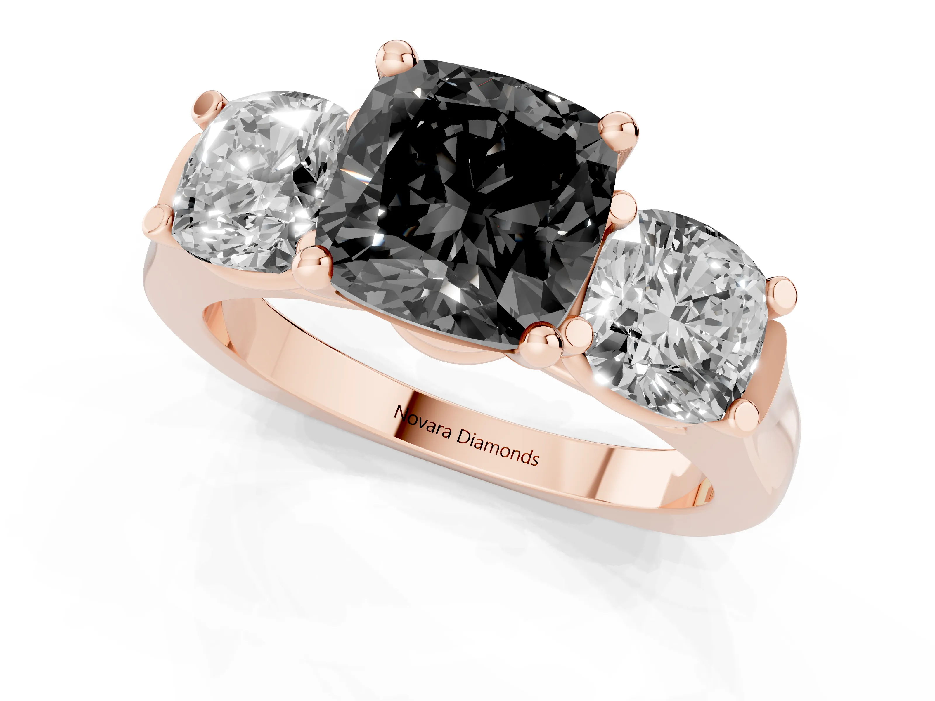 Fancy Black Cushion Cut Diamond Three-Stone Trellis Ring Set in Rose gold with Comfort Fit Band