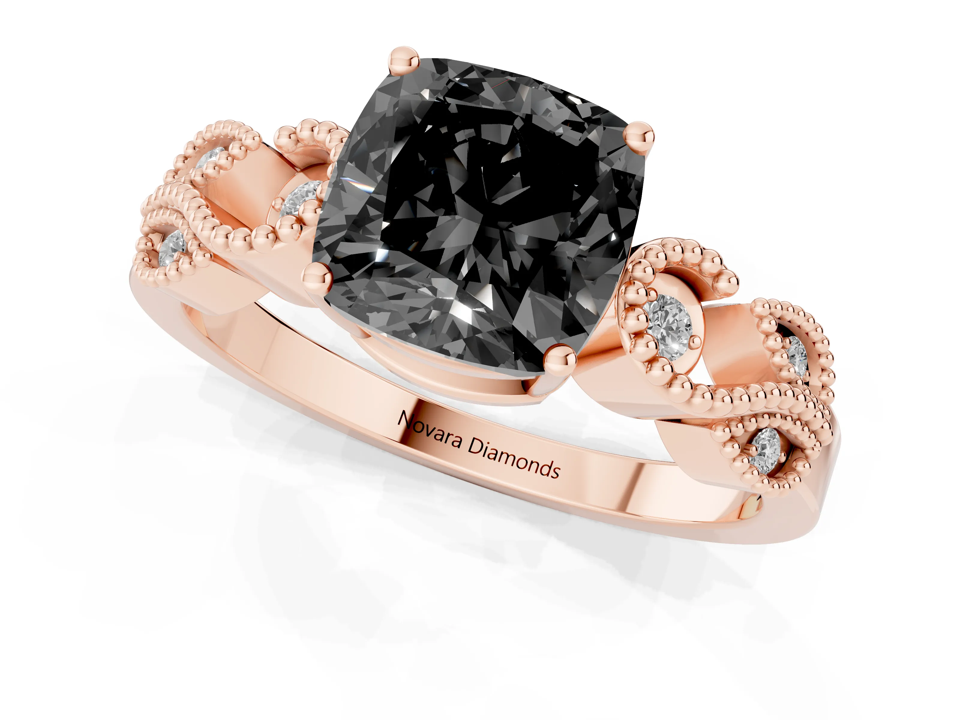 Fancy Black Cushion Cut Diamond Milgrain Leaf Band Solitaire Ring Set in Rose gold with Accent Stones and Prong Setting