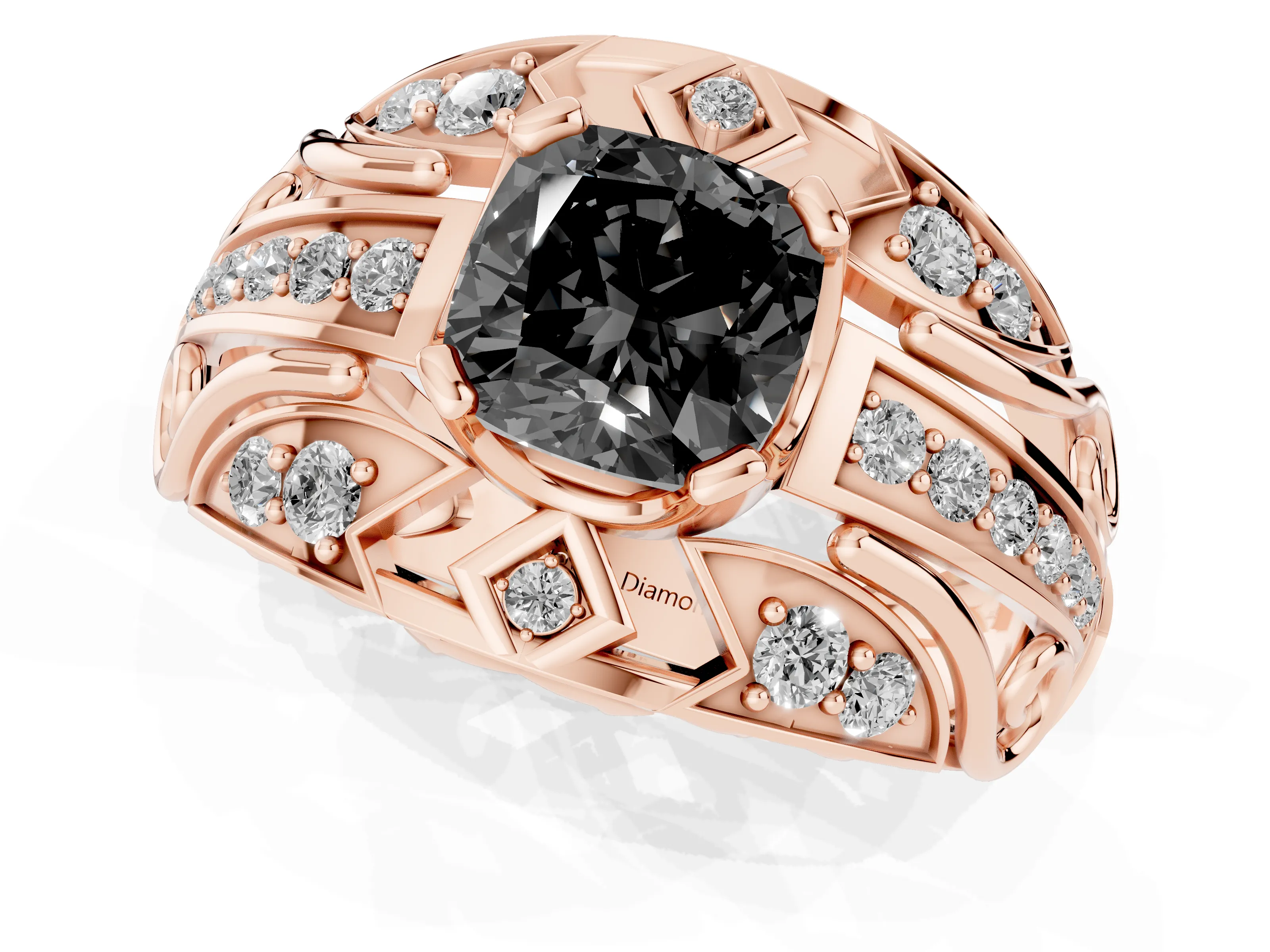Fancy Black Cushion Cut Diamond Art Deco Ring Set in Rose gold with Pavé Split Shank