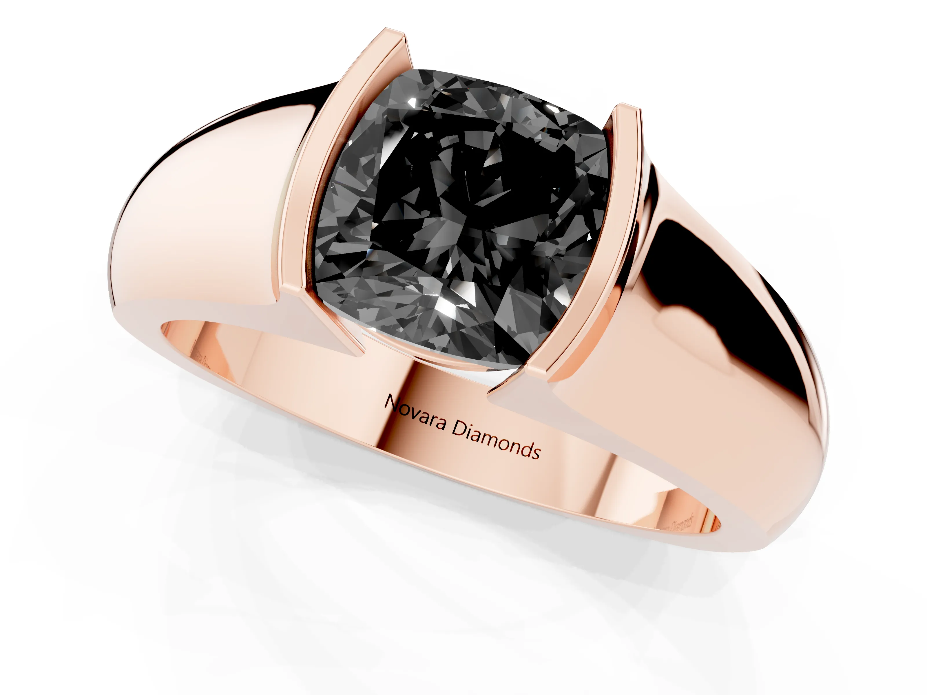 Fancy Black Cushion Cut Diamond Bezel Solitaire Ring Set in Rose gold with Wide Band