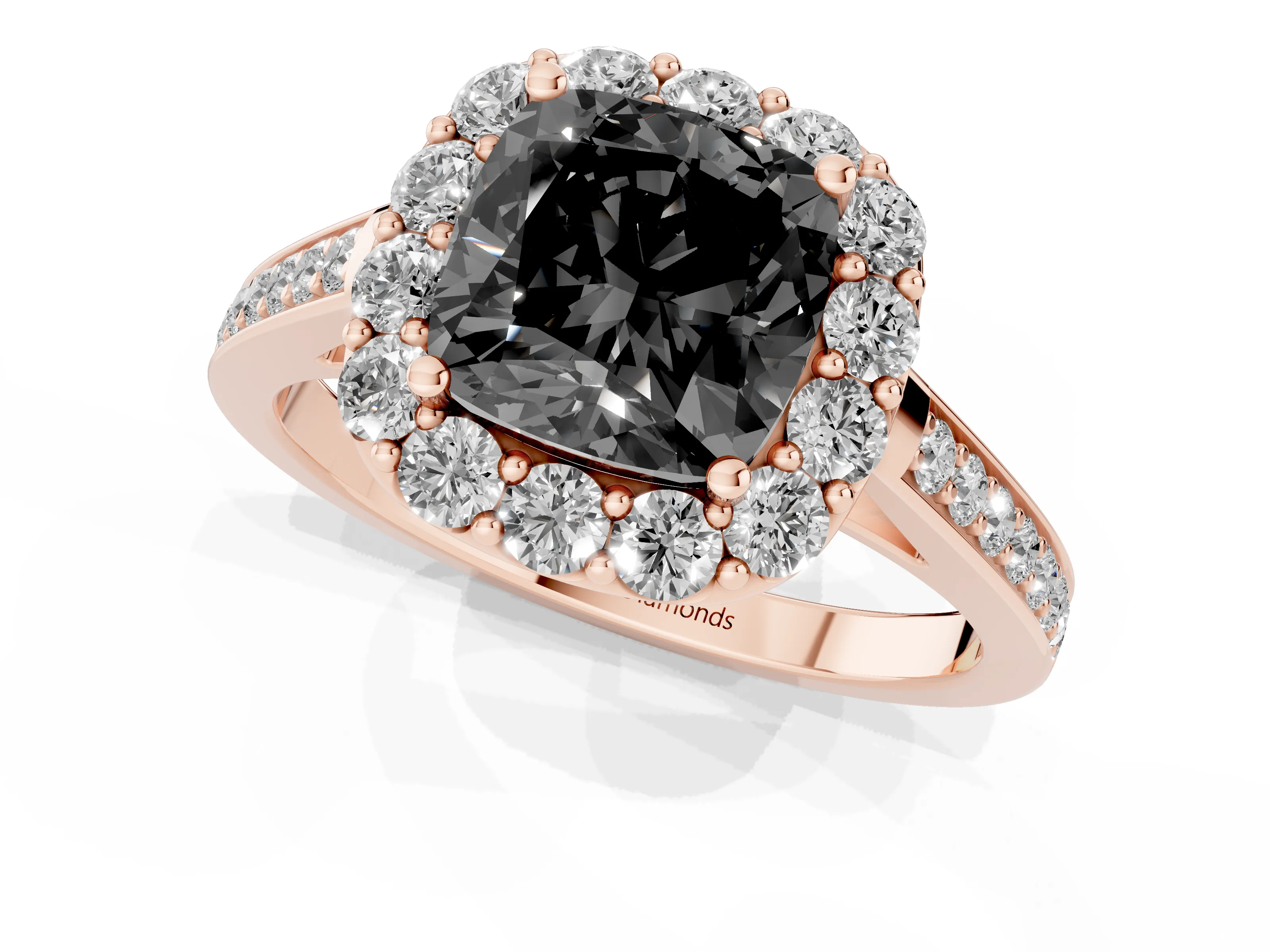 Fancy Black Cushion Cut Diamond Floral Halo Ring Set in Rose gold with Pavé Band and Prong Setting
