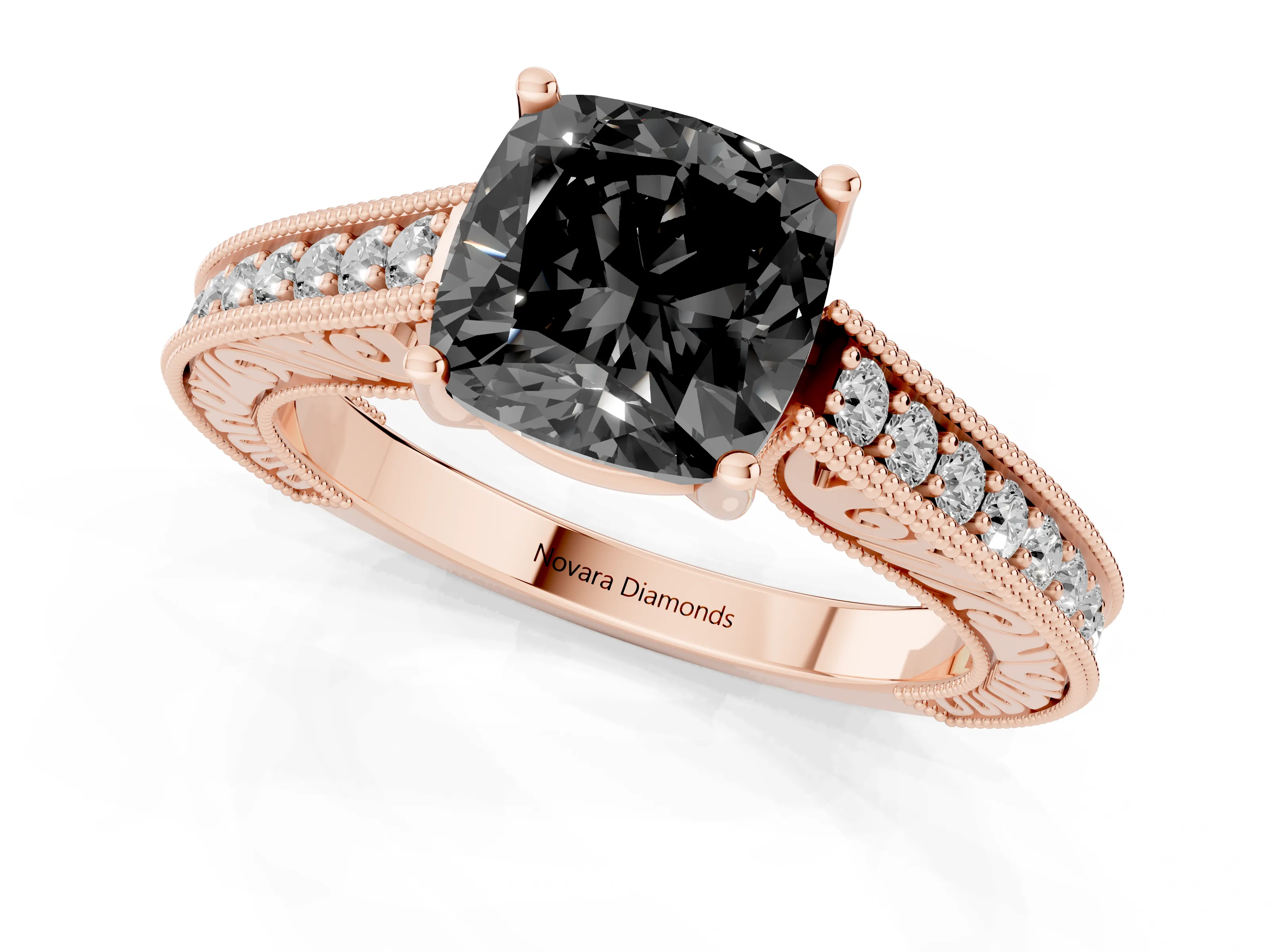 Fancy Black Cushion Cut Diamond Milgrain Pavé Band Solitaire Ring Set in Rose gold with Prong Setting