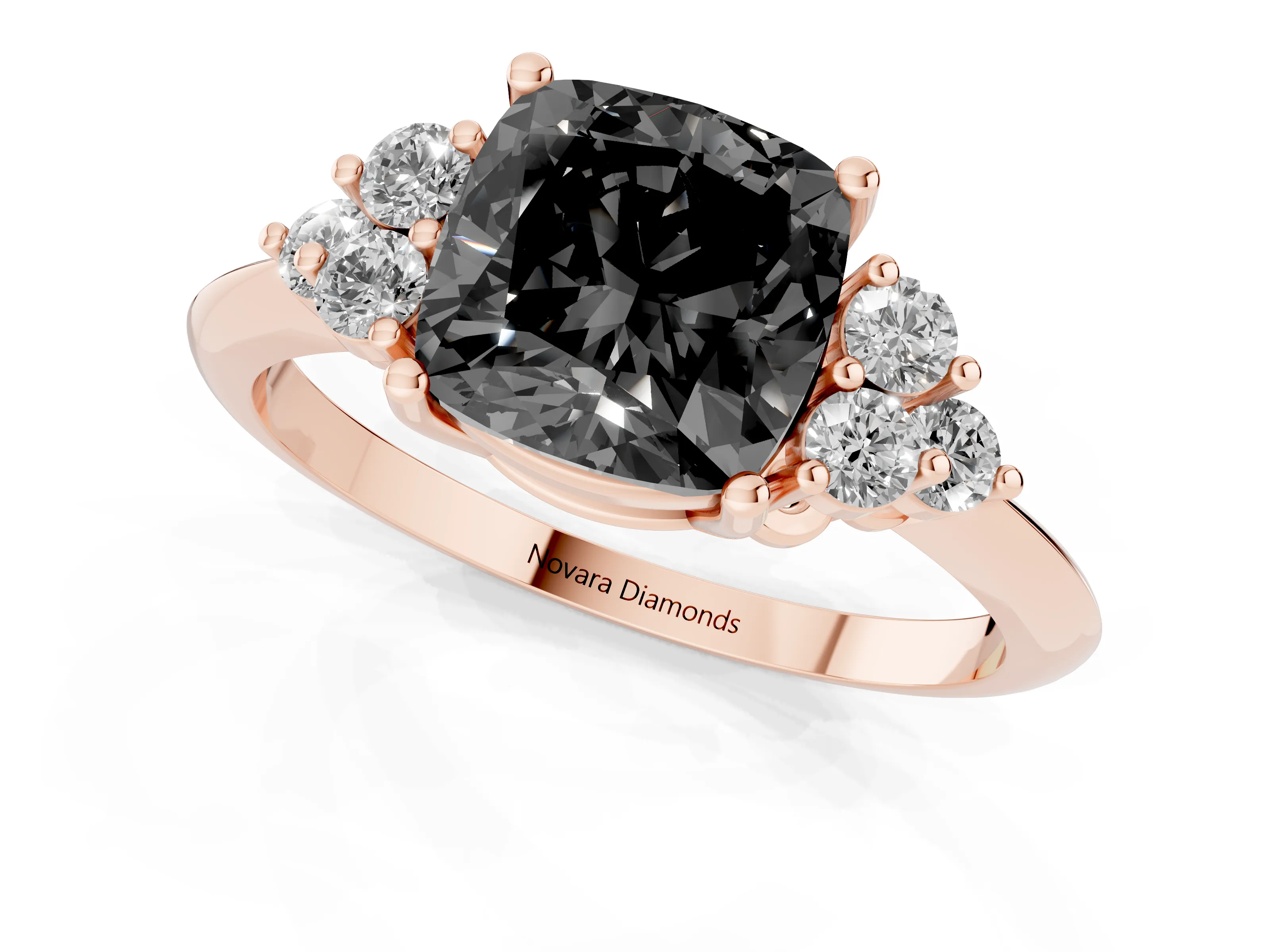 Fancy Black Cushion Cut Diamond Cluster Ring Set in Rose gold with Plain Band and Prong Setting