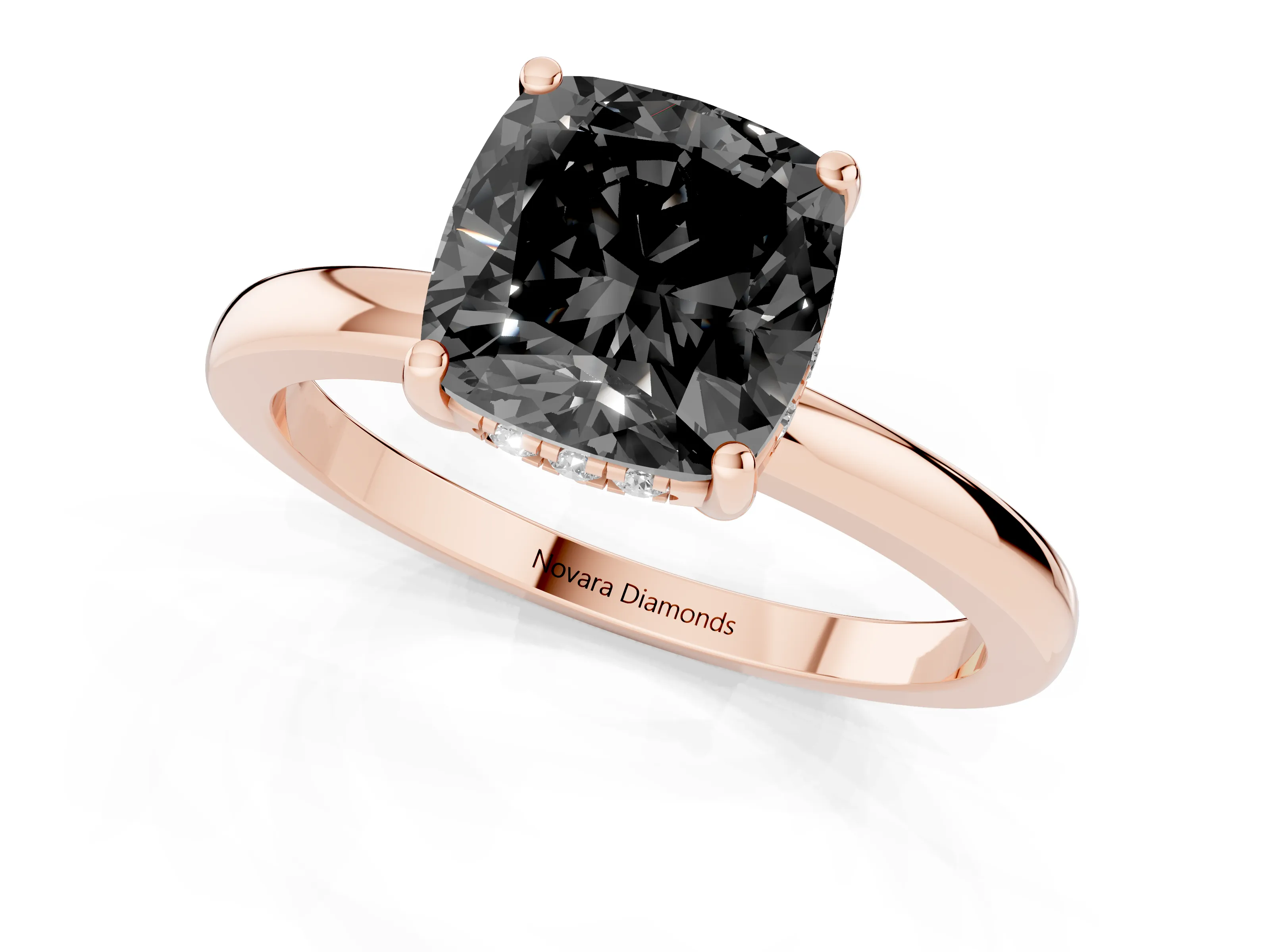 Fancy Black Cushion Cut Diamond Solitaire Ring Set in Rose gold with Plain Band and Prong Setting